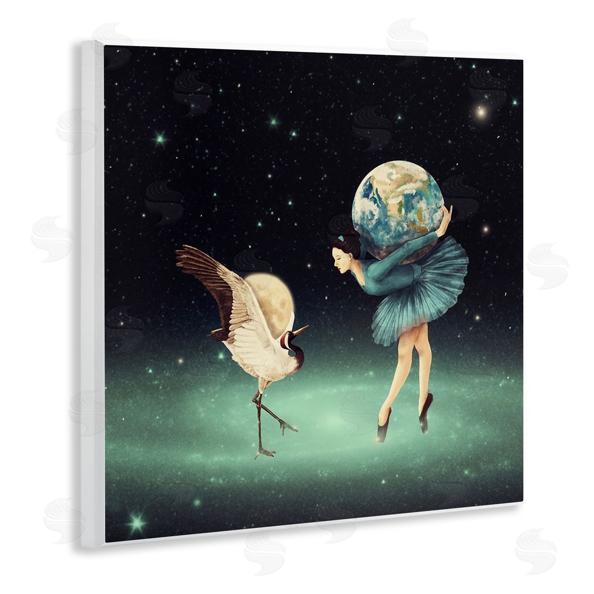 Paula Belle Flores Crane Bird Ballerina Holding Earth Moon Starry Nebula  Wooden Wall Plaque Art Print