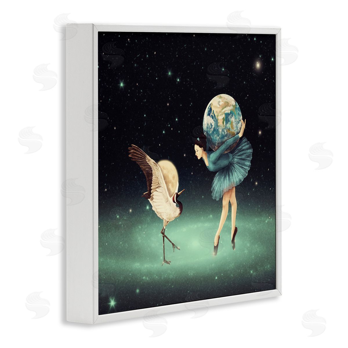 Paula Belle Flores Crane Bird Ballerina Holding Earth Moon Starry Nebula  White Framed Glicee Wall Art Print