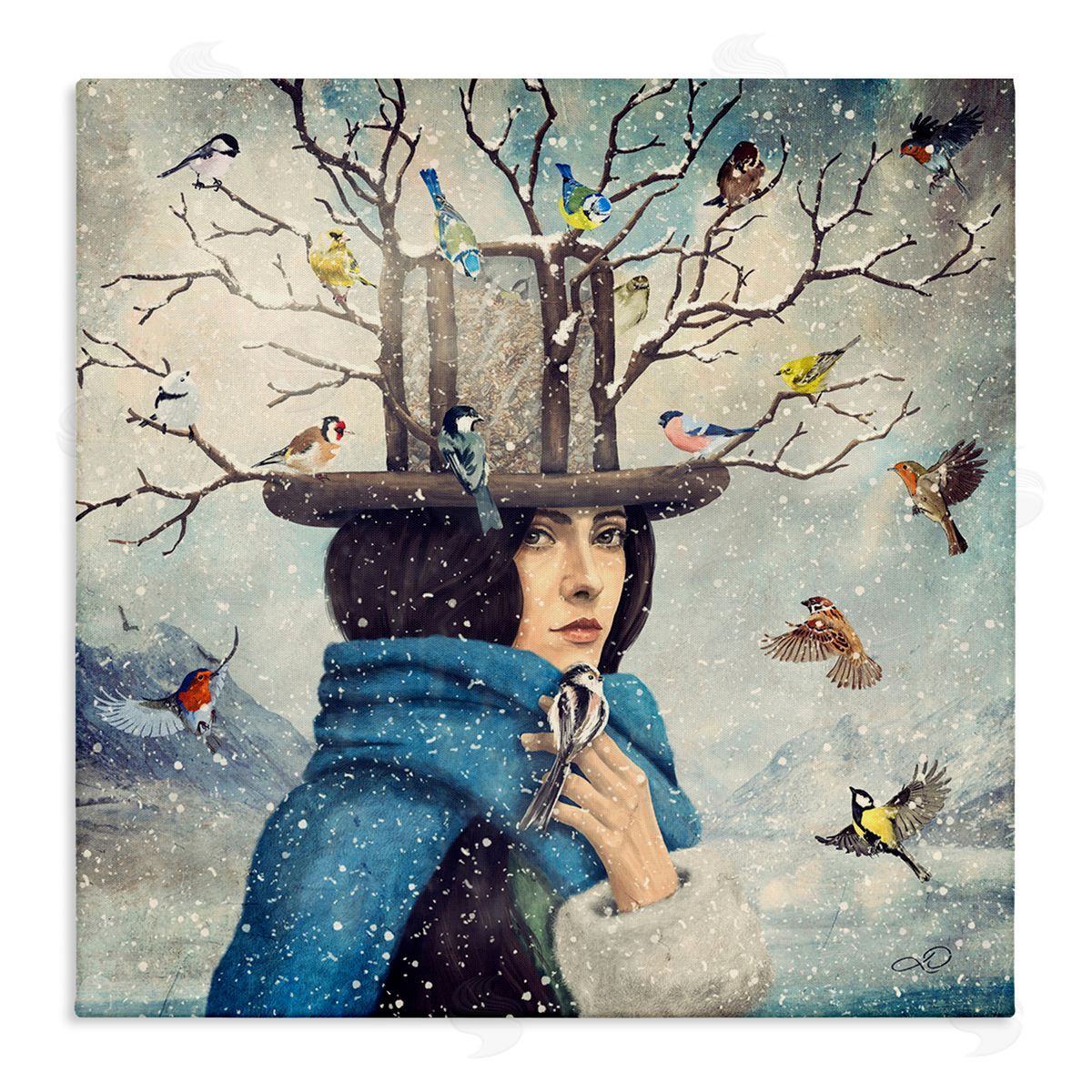 Paula Belle Flores Birds Flocking Tree Hat Blue Scarf Winter Snow  Stretched Canvas Wall Art Print