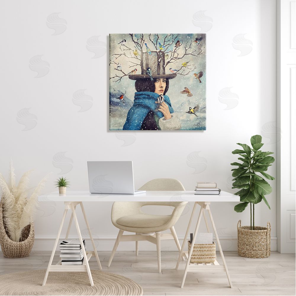 Paula Belle Flores Birds Flocking Tree Hat Blue Scarf Winter Snow  Canvas Wall Art in Room