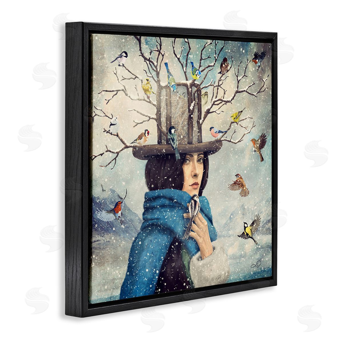 Paula Belle Flores Birds Flocking Tree Hat Blue Scarf Winter Snow  Black Floating Frame Canvas Wall Art Print