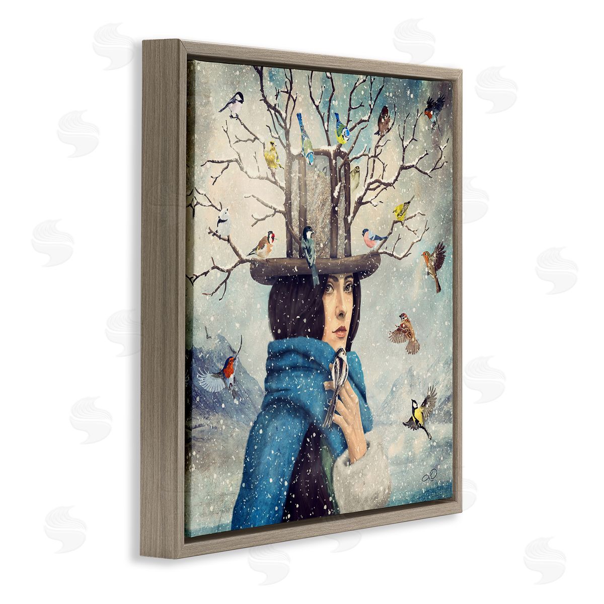 Paula Belle Flores Birds Flocking Tree Hat Blue Scarf Winter Snow  Brown Floating Frame Canvas Wall Art Print