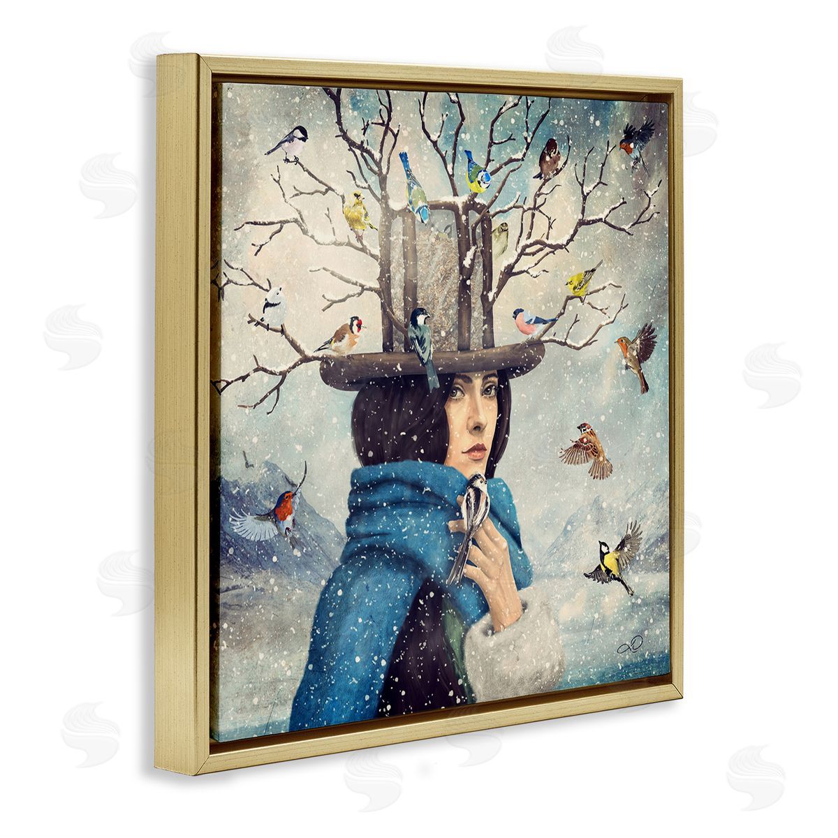 Paula Belle Flores Birds Flocking Tree Hat Blue Scarf Winter Snow  Gold Floating Frame Canvas Wall Art Print