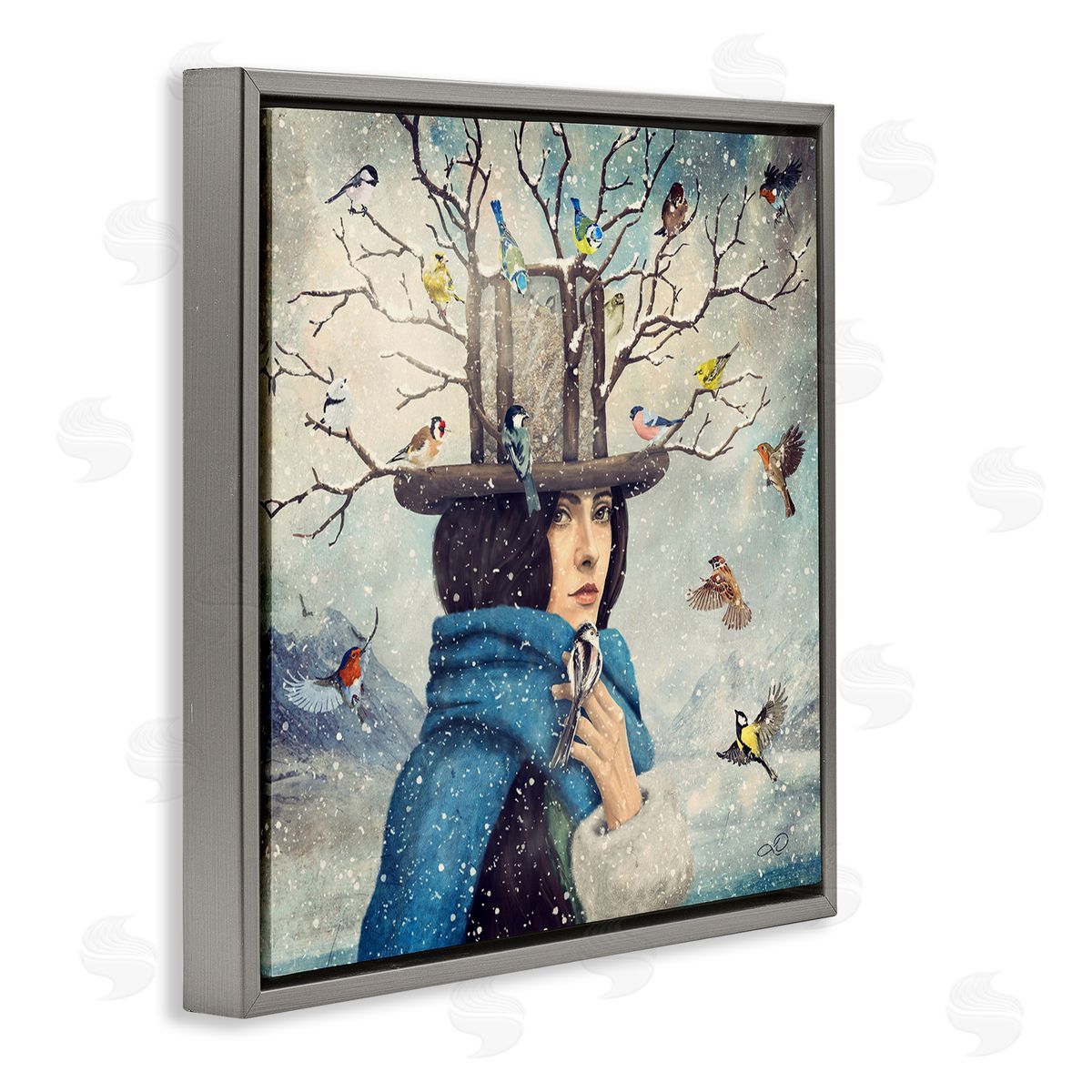 Paula Belle Flores Birds Flocking Tree Hat Blue Scarf Winter Snow  Gray Floating Frame Canvas Wall Art Print