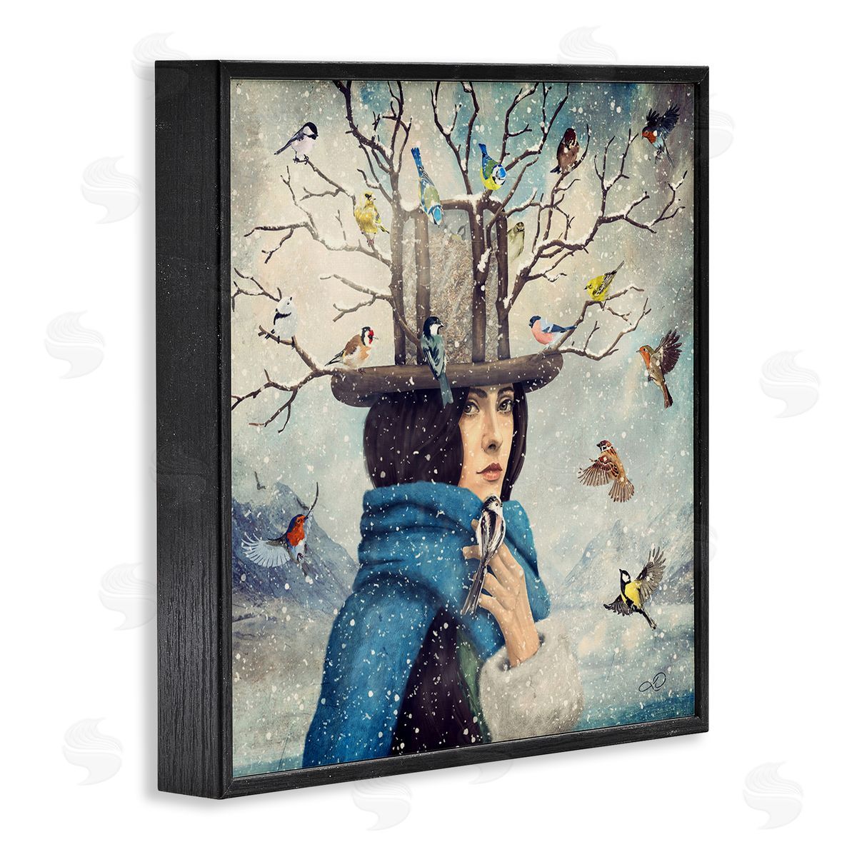 Paula Belle Flores Birds Flocking Tree Hat Blue Scarf Winter Snow  Black Framed Glicee Wall Art Print