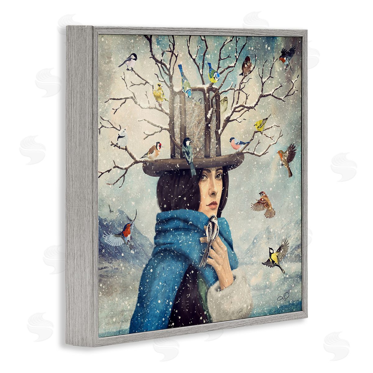 Paula Belle Flores Birds Flocking Tree Hat Blue Scarf Winter Snow  Gray Framed Glicee Wall Art Print