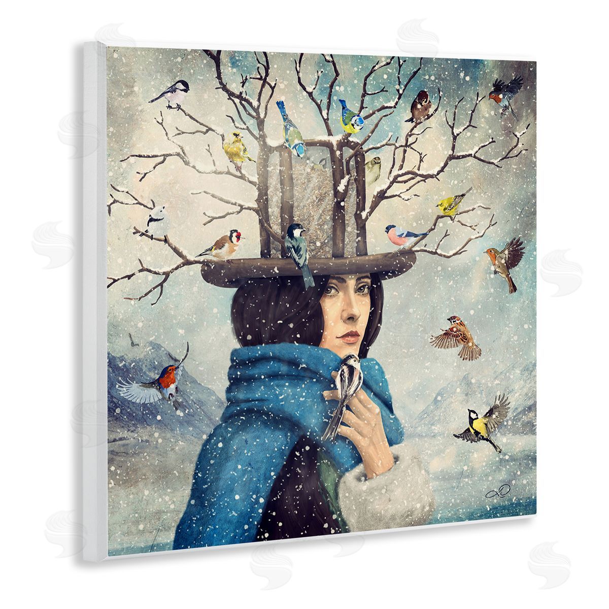 Paula Belle Flores Birds Flocking Tree Hat Blue Scarf Winter Snow  Wooden Wall Plaque Art Print