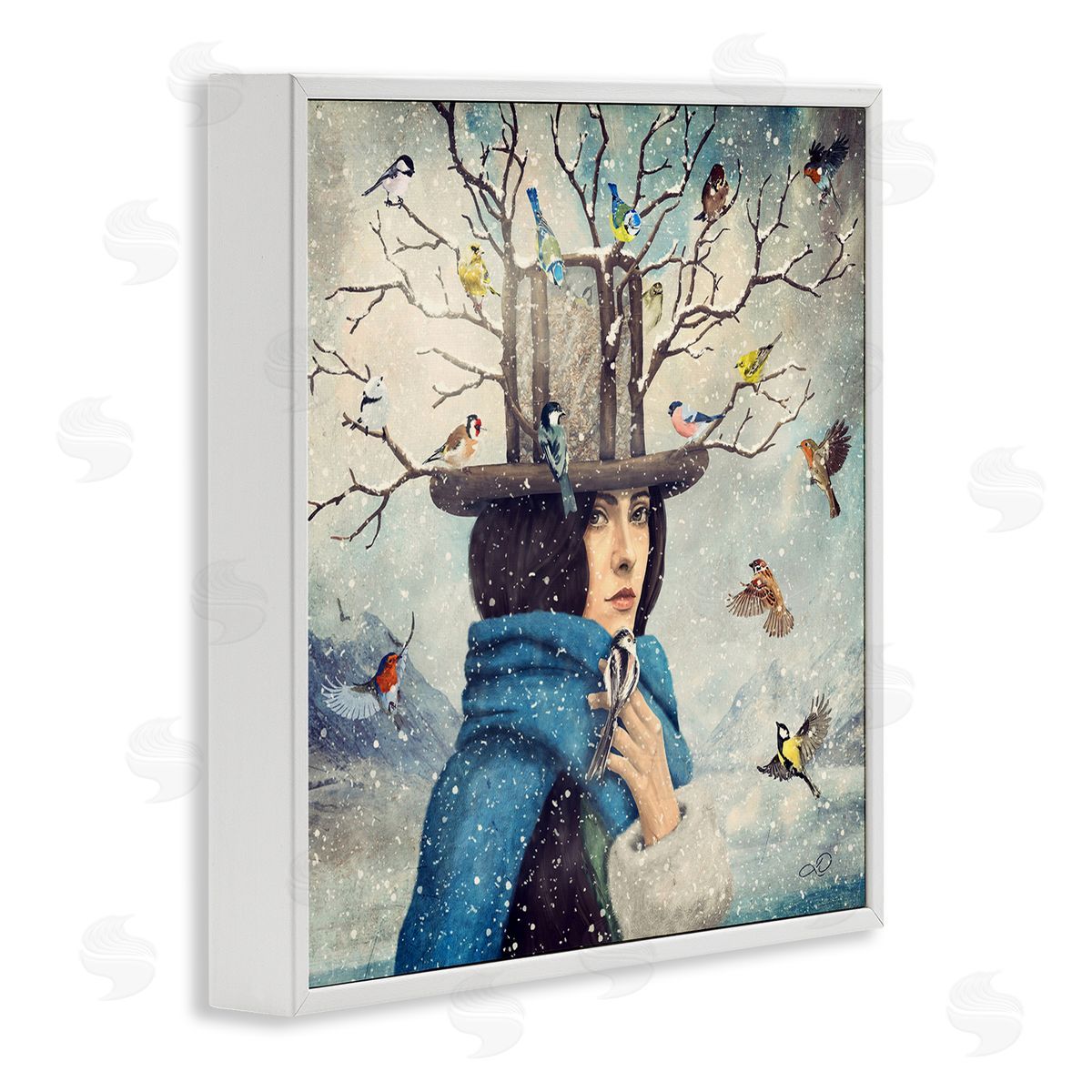 Paula Belle Flores Birds Flocking Tree Hat Blue Scarf Winter Snow  White Framed Glicee Wall Art Print