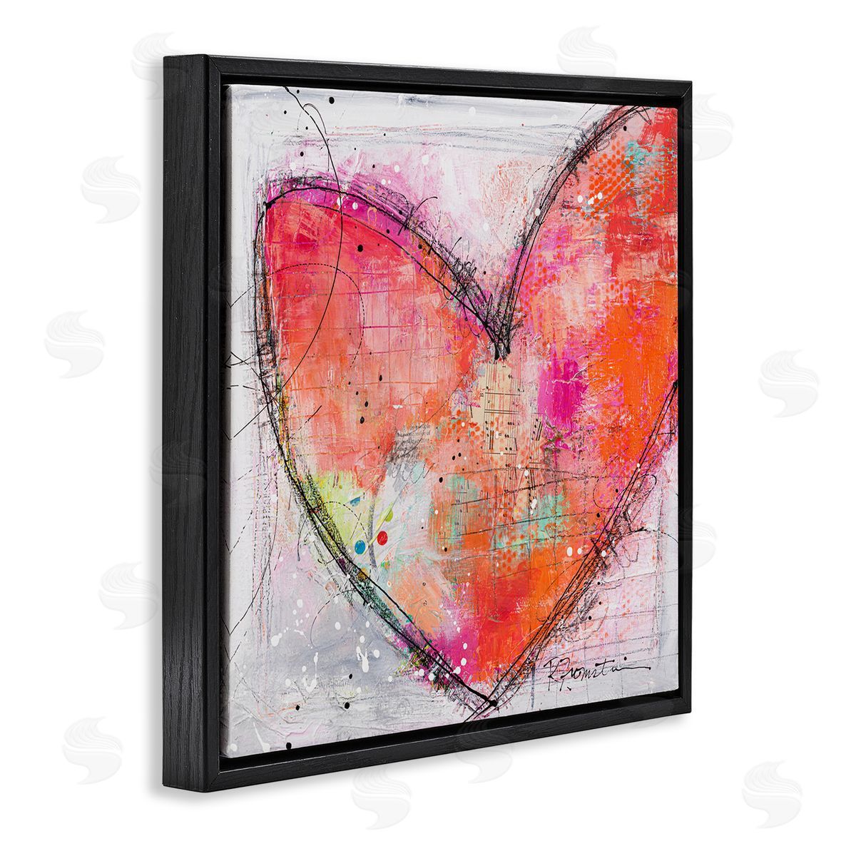 Ruth Fromstein Red Paint Splatter Heart Black Hatching Design  Black Floating Frame Canvas Wall Art Print