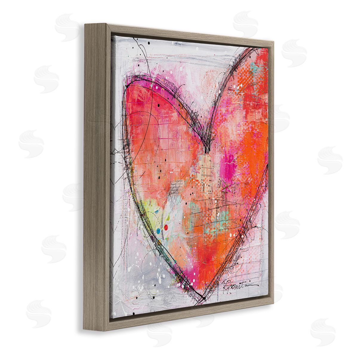Ruth Fromstein Red Paint Splatter Heart Black Hatching Design  Brown Floating Frame Canvas Wall Art Print