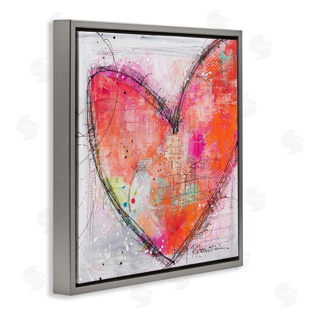 Ruth Fromstein Red Paint Splatter Heart Black Hatching Design  Gray Floating Frame Canvas Wall Art Print