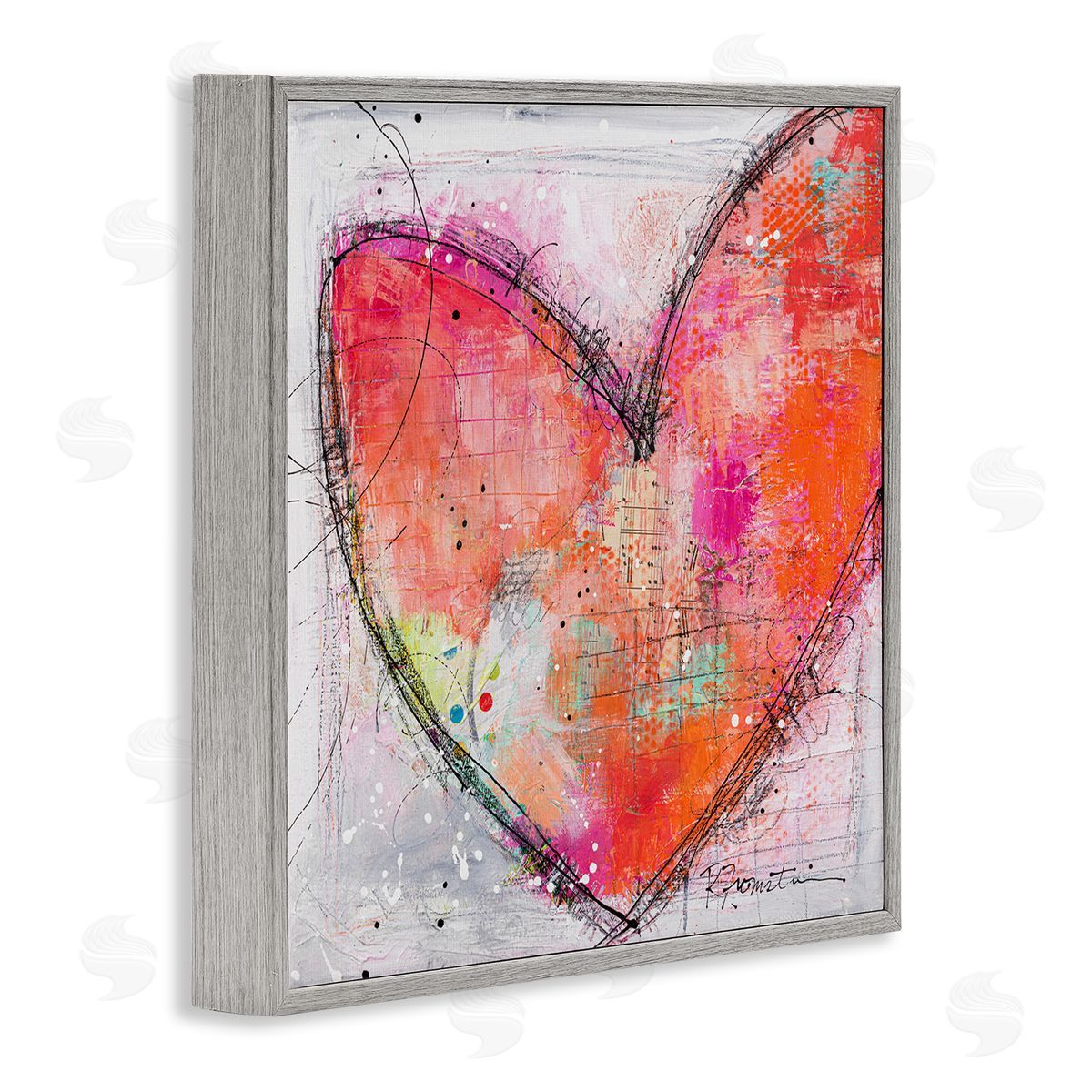 Ruth Fromstein Red Paint Splatter Heart Black Hatching Design  Gray Framed Glicee Wall Art Print