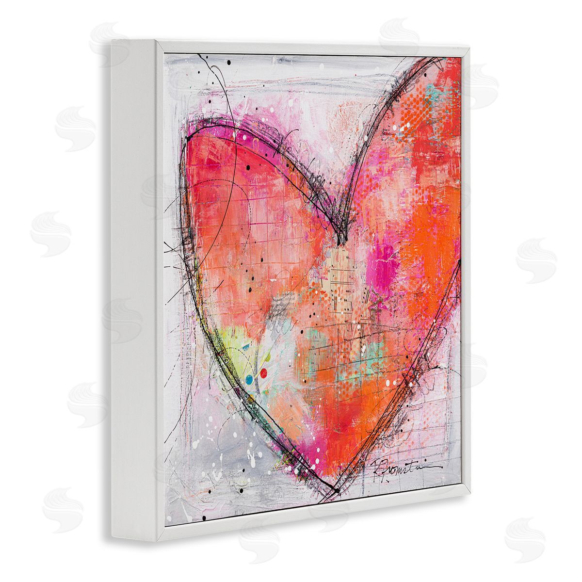 Ruth Fromstein Red Paint Splatter Heart Black Hatching Design  White Framed Glicee Wall Art Print