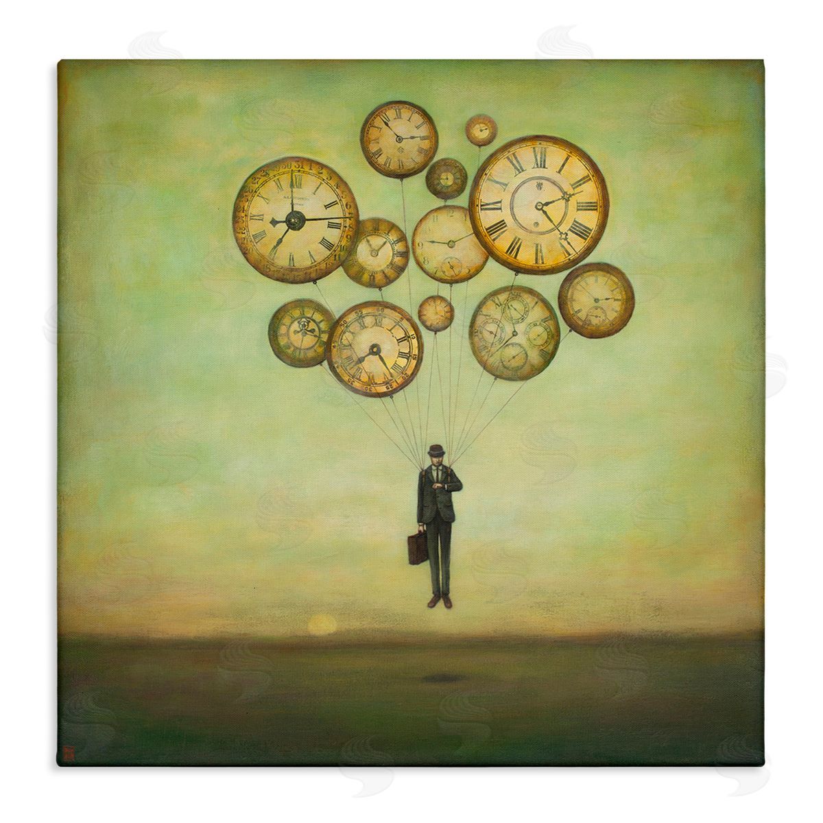 stupell industries Duy Huynh | Surreal Analog Clocks Balloons Floating Businessman Suit Wall Art