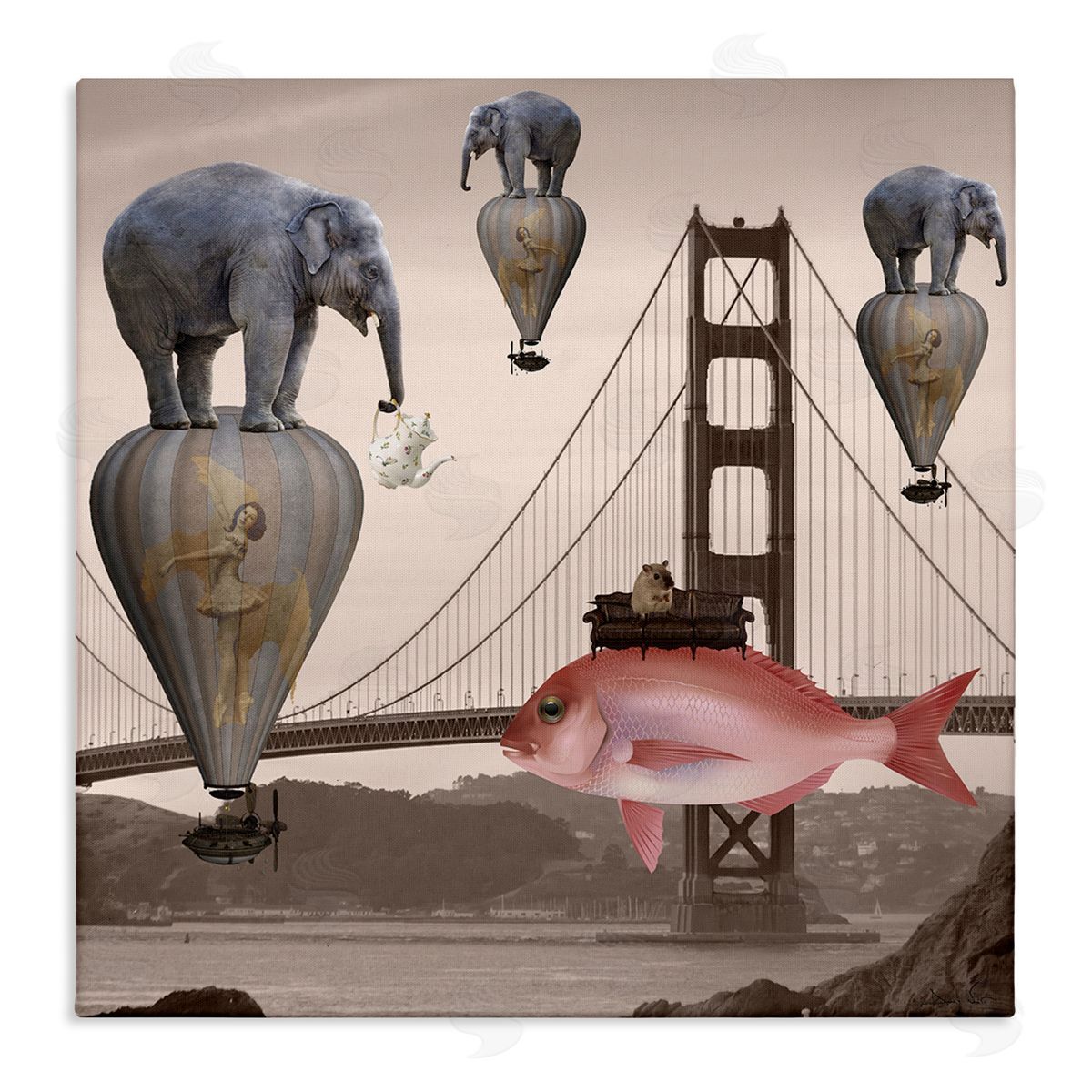 stupell industries Daniela Nocito | Surreal Elephant Fish Balloons Golden Gate Bridge Water Wall Art