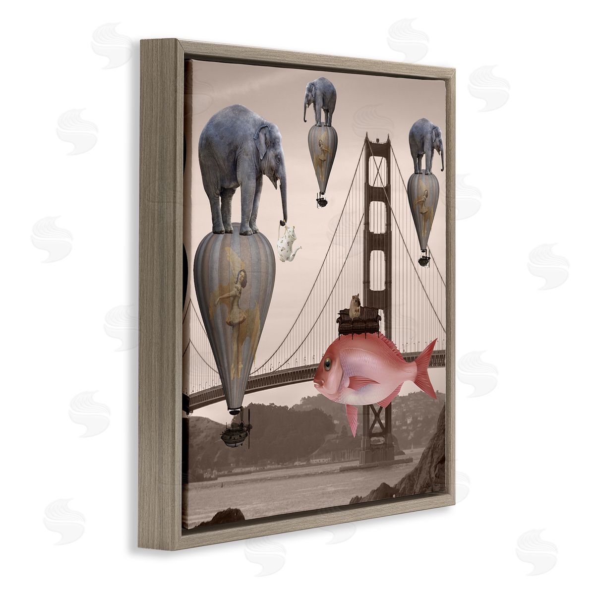 Daniela Nocito Surreal Elephant Fish Balloons Golden Gate Bridge Water  Brown Floating Frame Canvas Wall Art Print