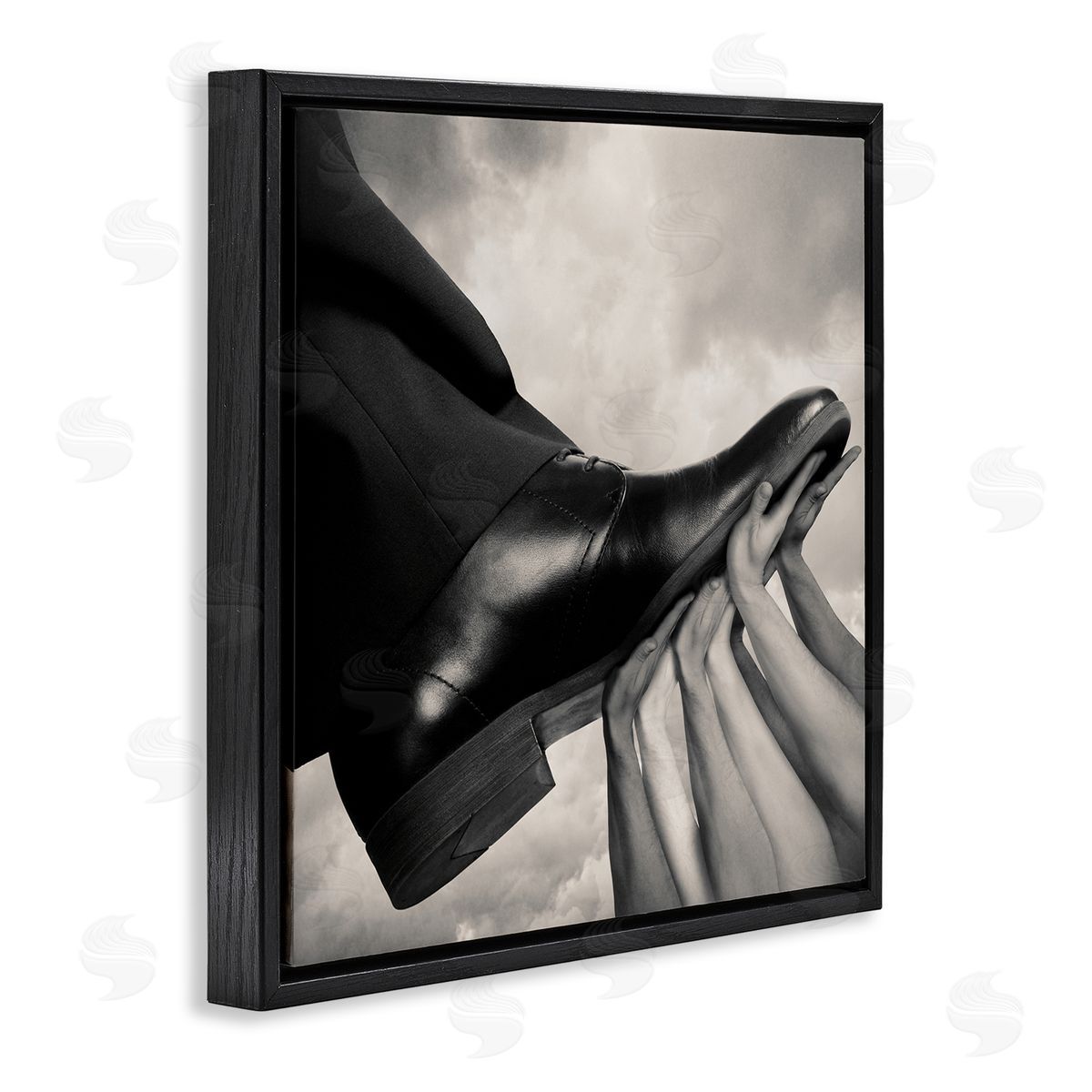 Tommy Ingberg Hands Holding Dress Shoe Monochrome Photography Clouds  Black Floating Frame Canvas Wall Art Print