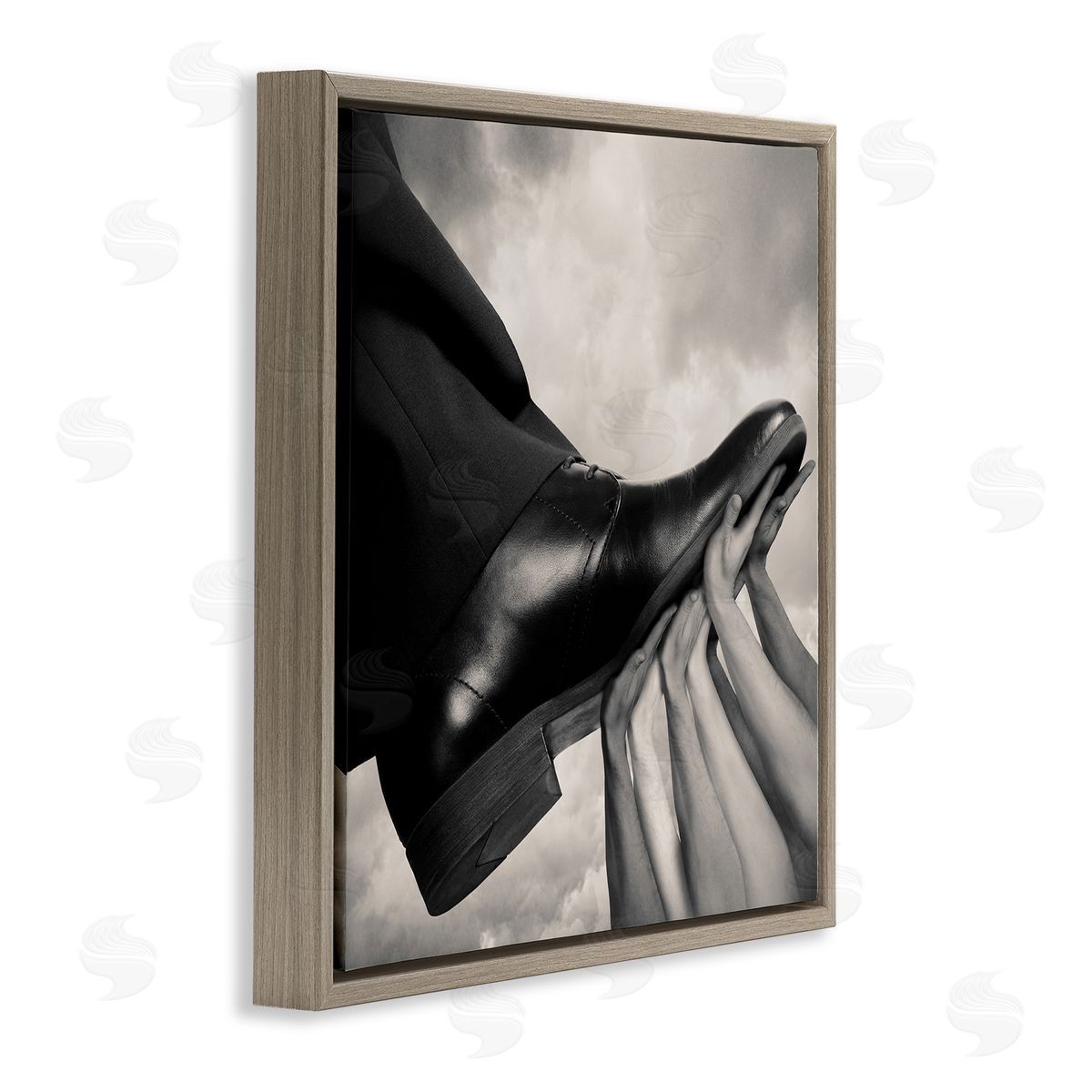 Tommy Ingberg Hands Holding Dress Shoe Monochrome Photography Clouds  Brown Floating Frame Canvas Wall Art Print