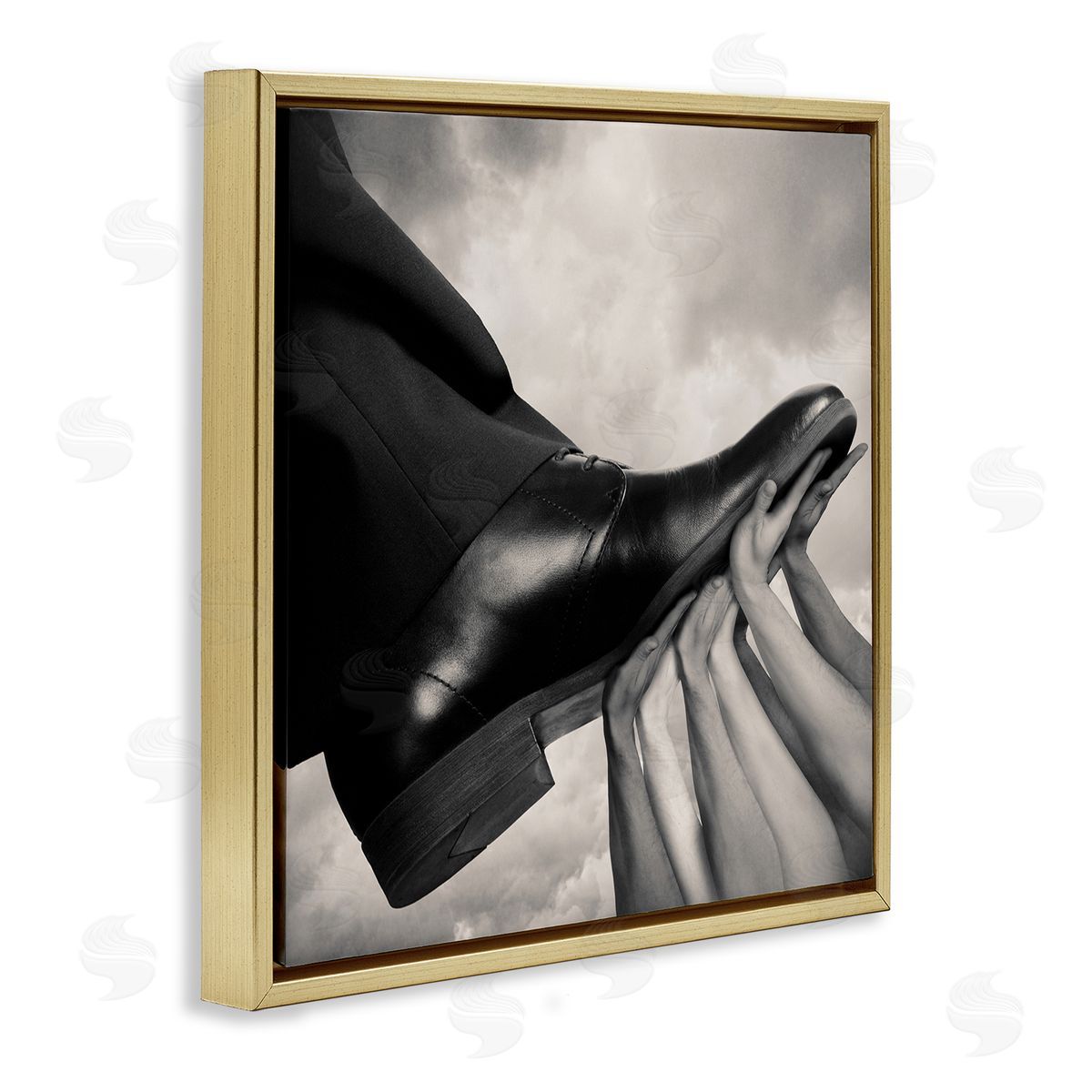 Tommy Ingberg Hands Holding Dress Shoe Monochrome Photography Clouds  Gold Floating Frame Canvas Wall Art Print