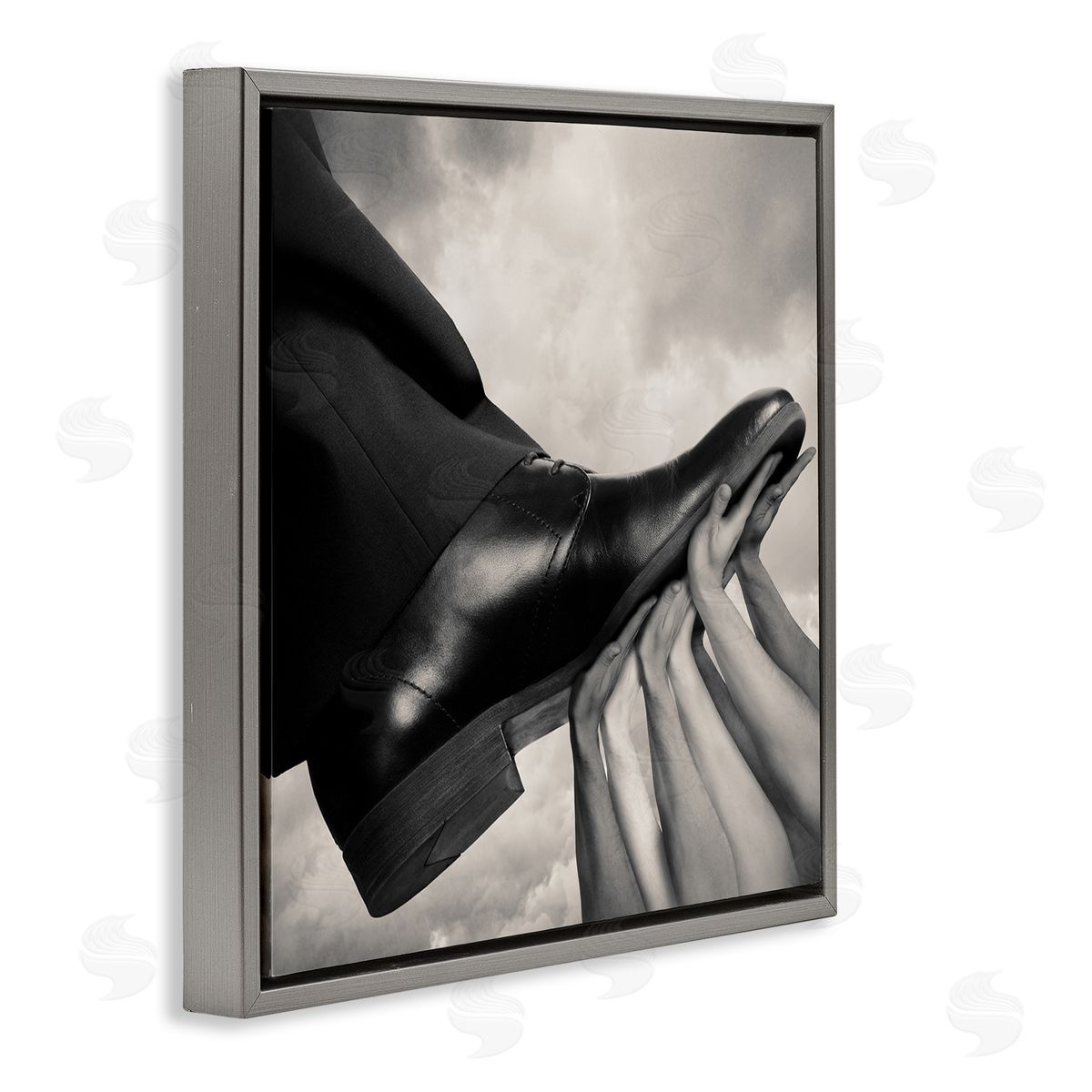 Tommy Ingberg Hands Holding Dress Shoe Monochrome Photography Clouds  Gray Floating Frame Canvas Wall Art Print