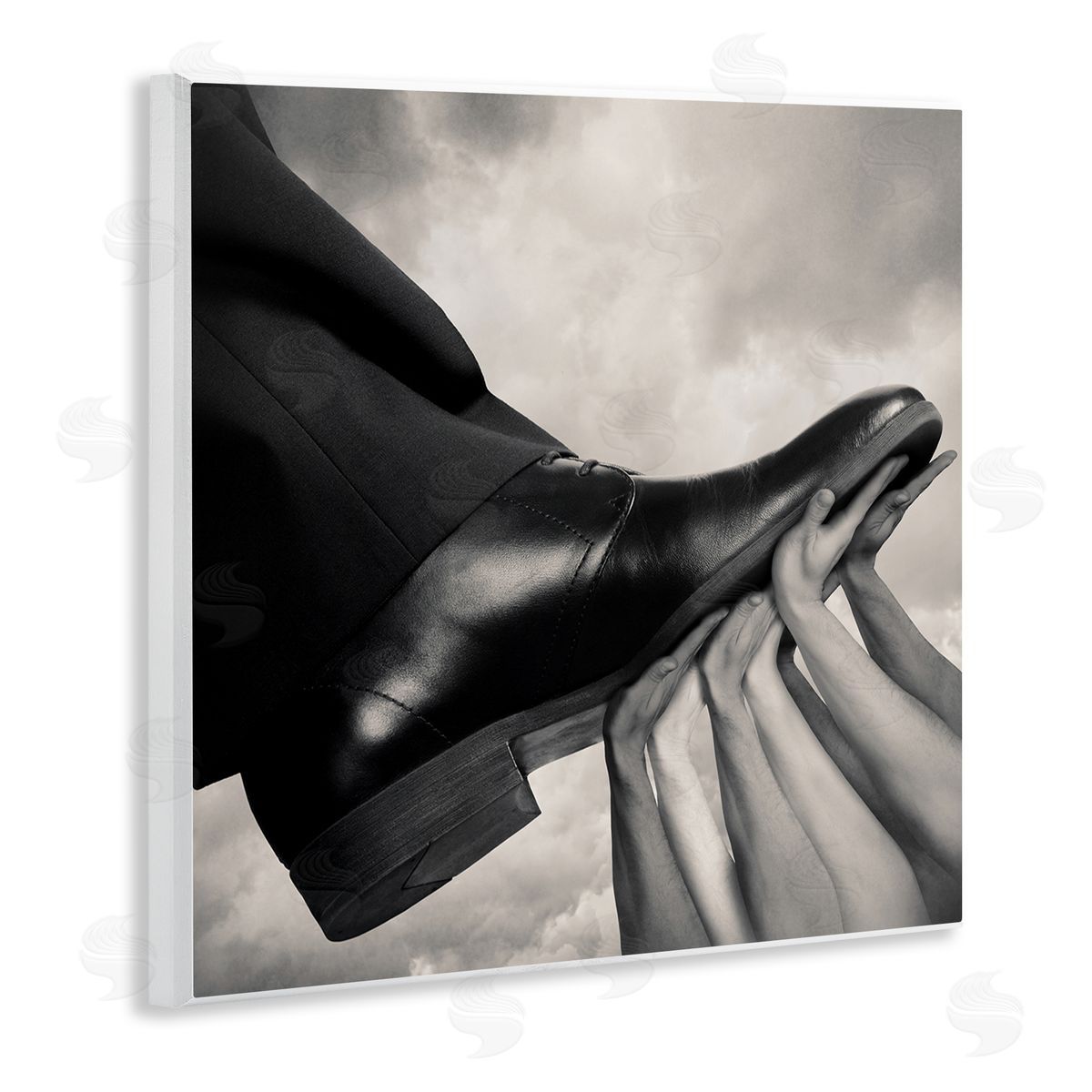 Tommy Ingberg Hands Holding Dress Shoe Monochrome Photography Clouds  Wooden Wall Plaque Art Print