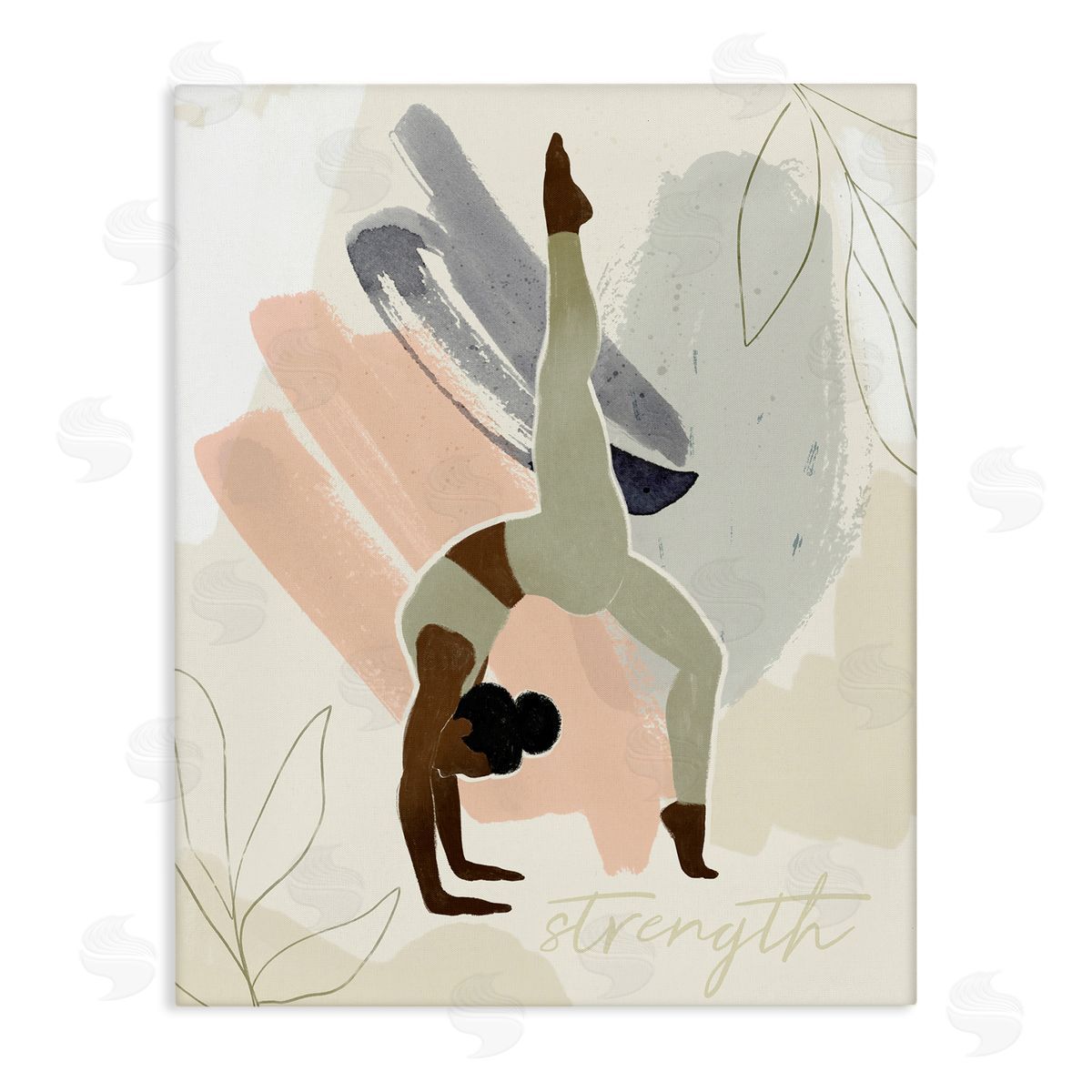 Victoria Barnes Stretching Yoga Pose Strength Text Floral   Stretched Canvas Wall Art Print