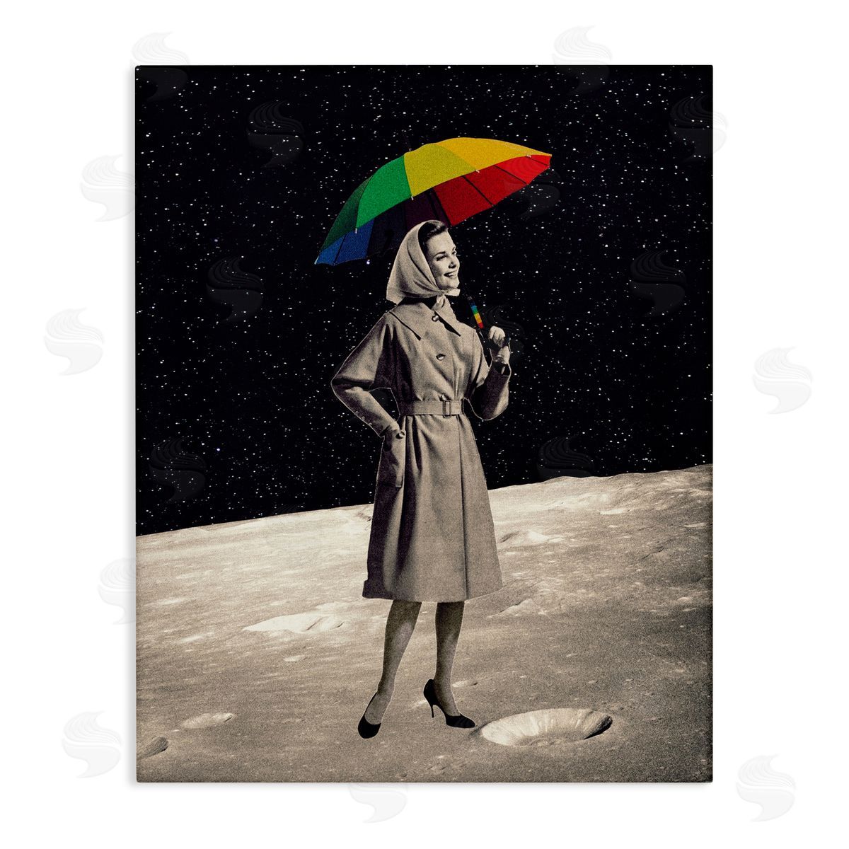 Erika C. Brothers Vintage Woman Outer Space Moon Rainbow Umbrella  Stretched Canvas Wall Art Print