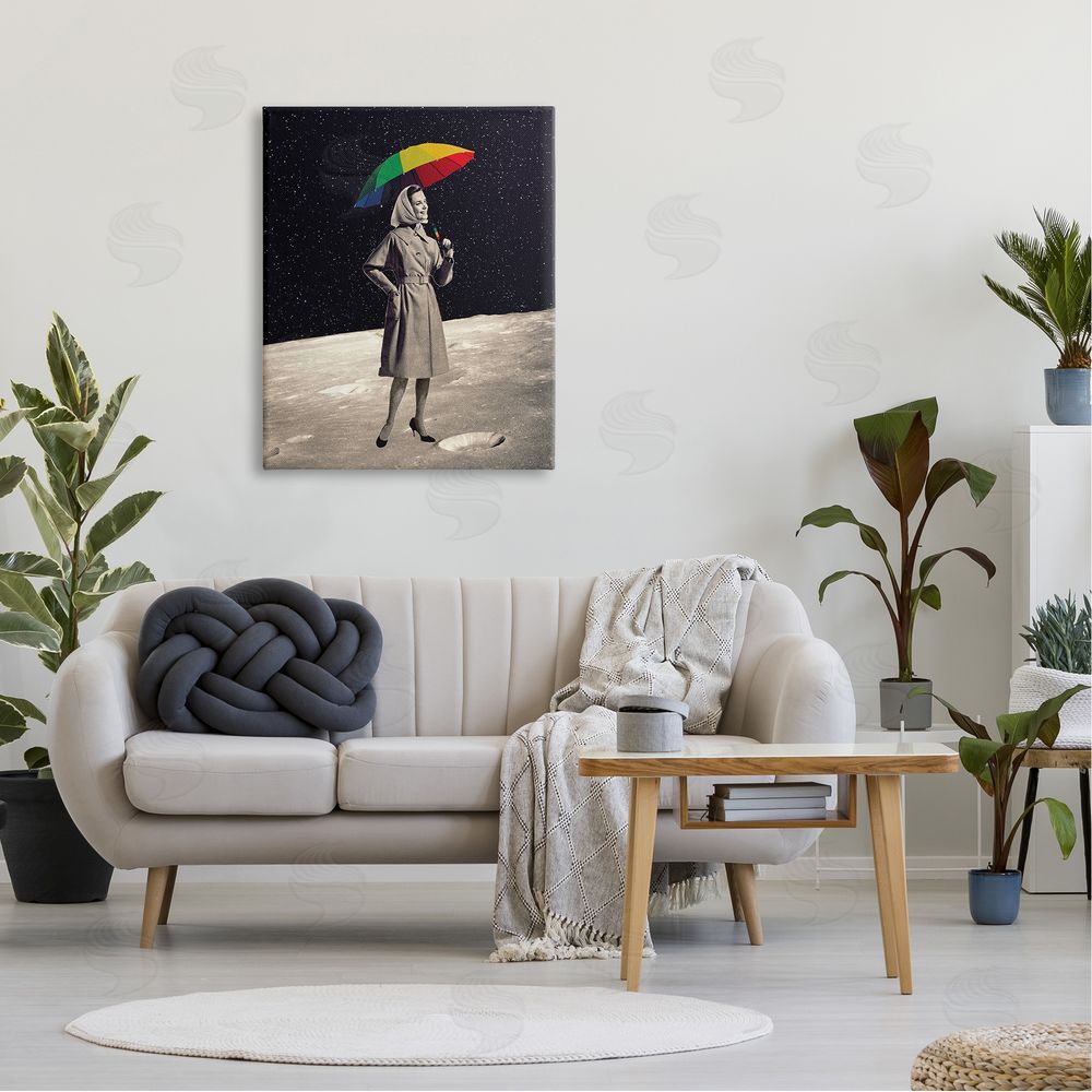 Erika C. Brothers Vintage Woman Outer Space Moon Rainbow Umbrella  Canvas Wall Art Print in Room