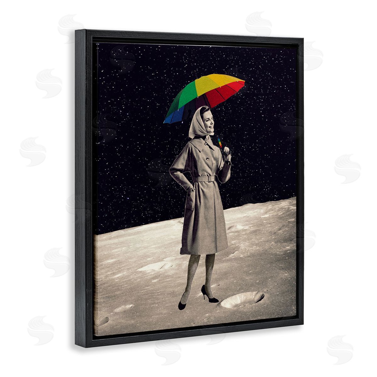 Erika C. Brothers Vintage Woman Outer Space Moon Rainbow Umbrella  Black Floating Frame Canvas Wall Art Print