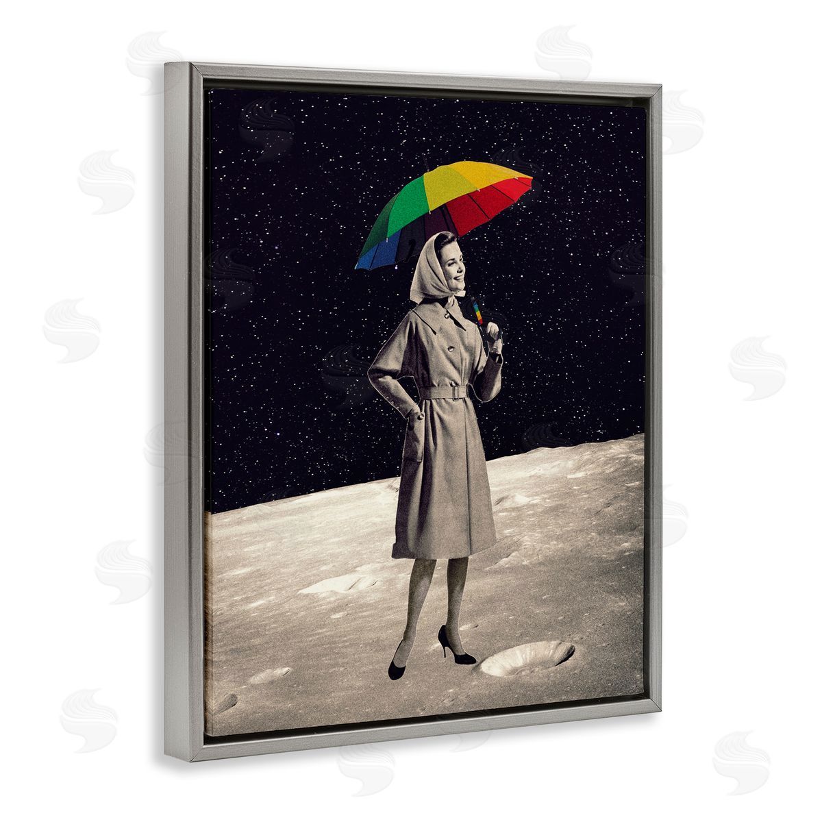 Erika C. Brothers Vintage Woman Outer Space Moon Rainbow Umbrella  Gray Floating Frame Canvas Wall Art Print