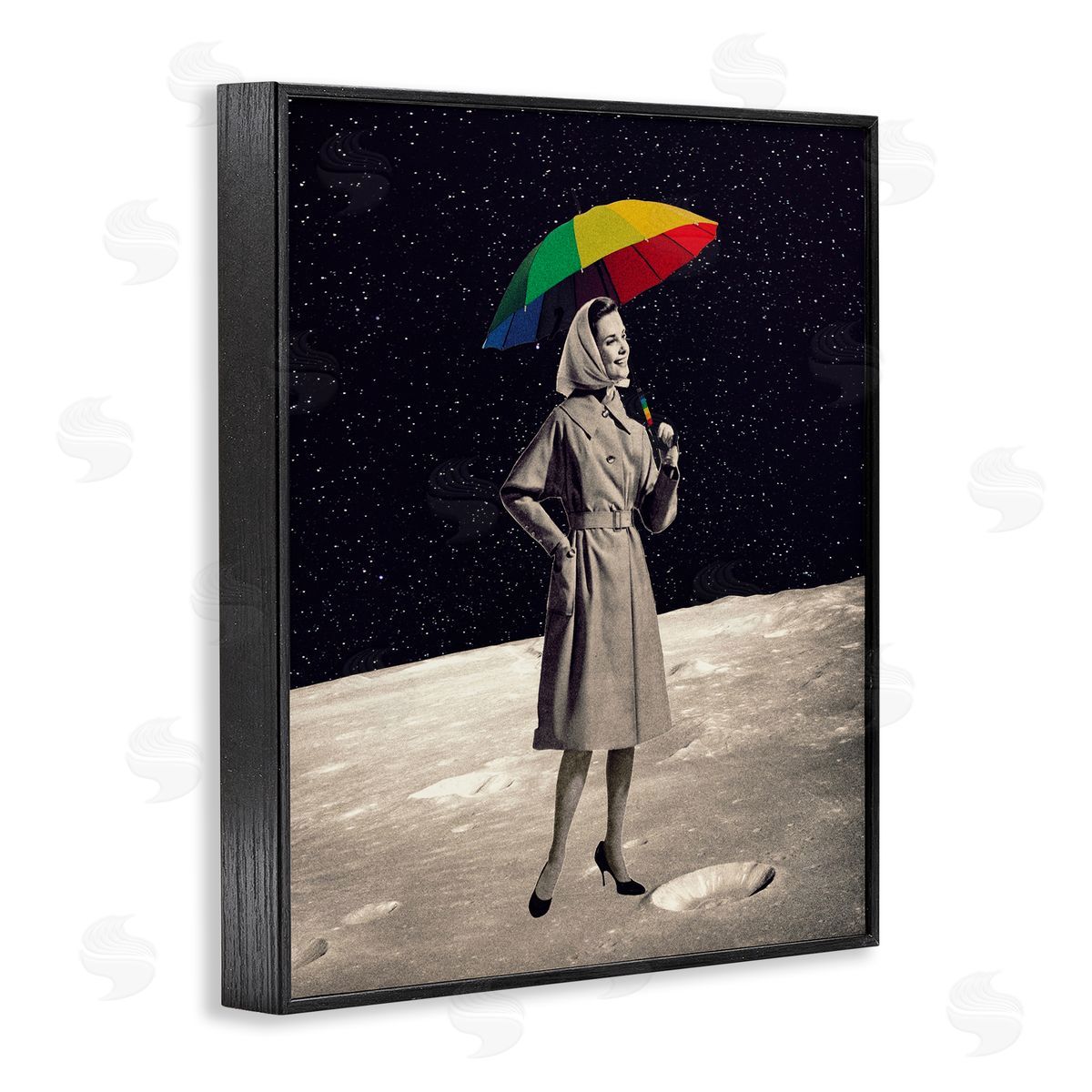 Erika C. Brothers Vintage Woman Outer Space Moon Rainbow Umbrella  Black Framed Giclee Wall Art Print
