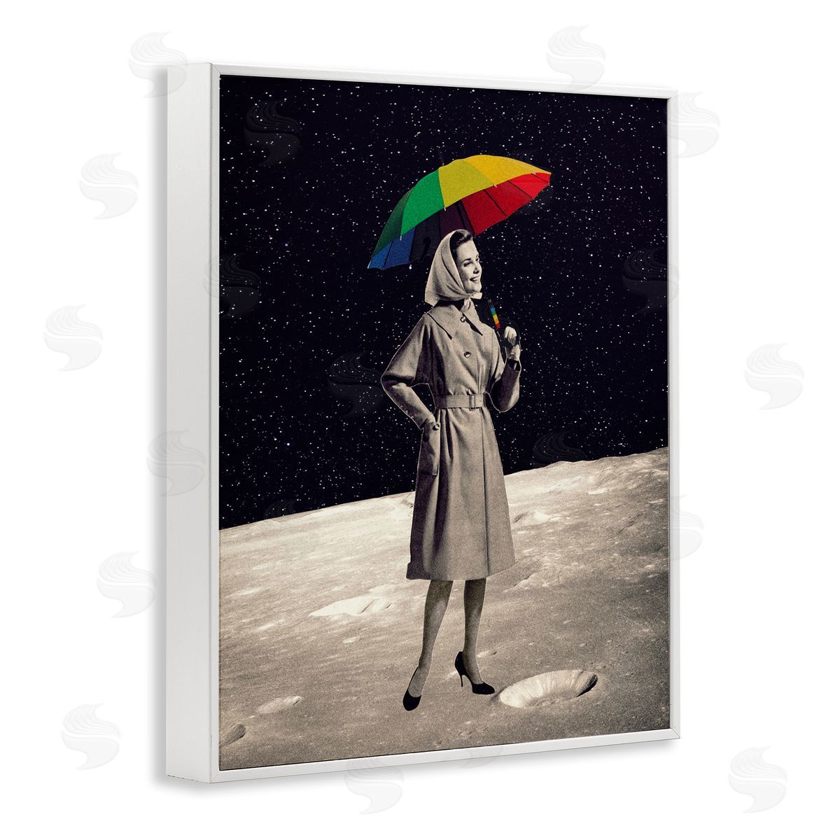 Erika C. Brothers Vintage Woman Outer Space Moon Rainbow Umbrella  White Framed Giclee Wall Art Print