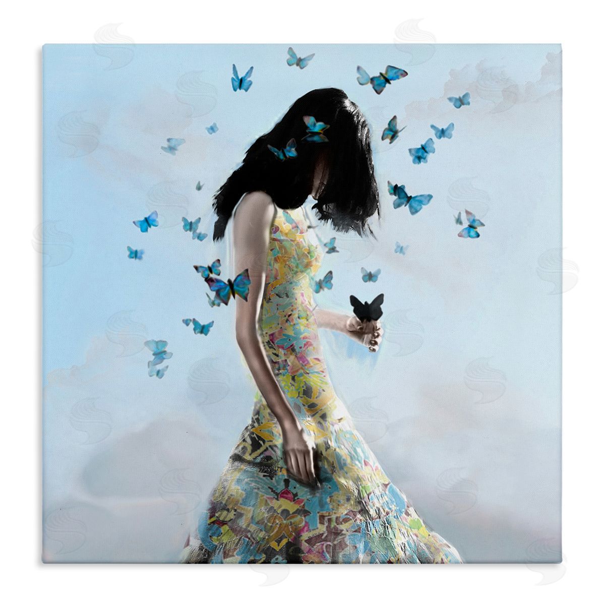 Christopher Cuseo Peaceful Blue Butterflies Fluttering Woman Gown Dress  Stretched Canvas Wall Art Print