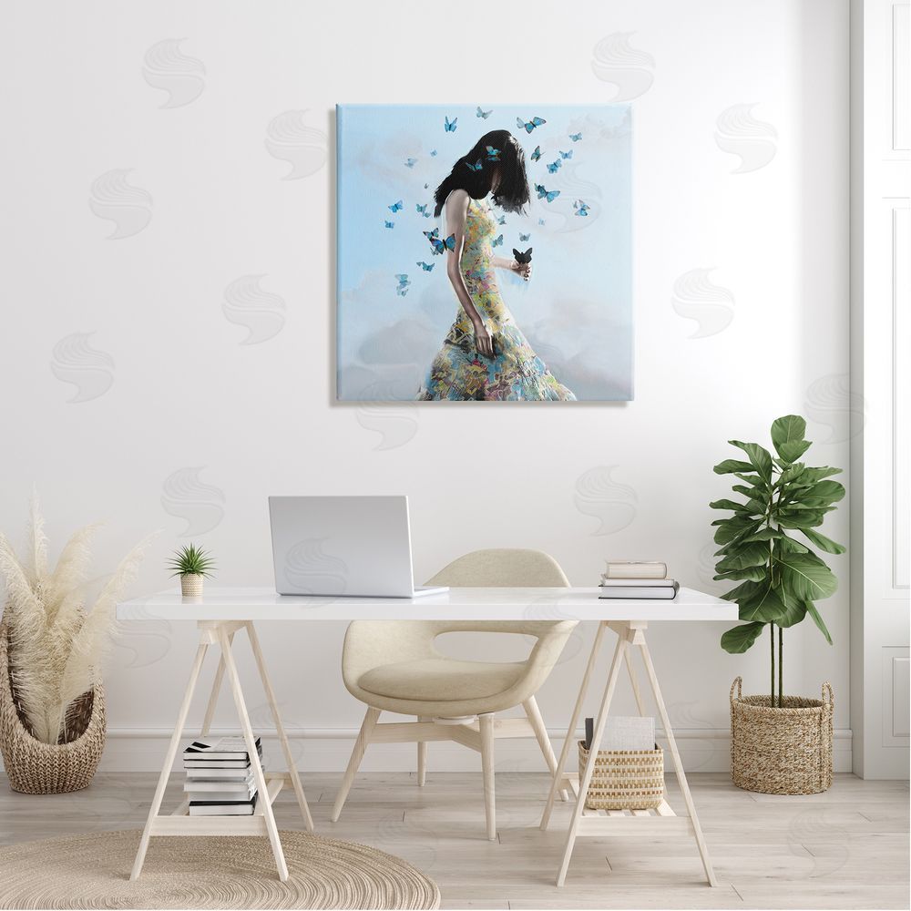 Christopher Cuseo Peaceful Blue Butterflies Fluttering Woman Gown Dress  Canvas Wall Art in Room