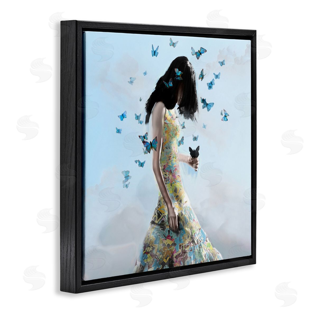 Christopher Cuseo Peaceful Blue Butterflies Fluttering Woman Gown Dress  Black Floating Frame Canvas Wall Art Print