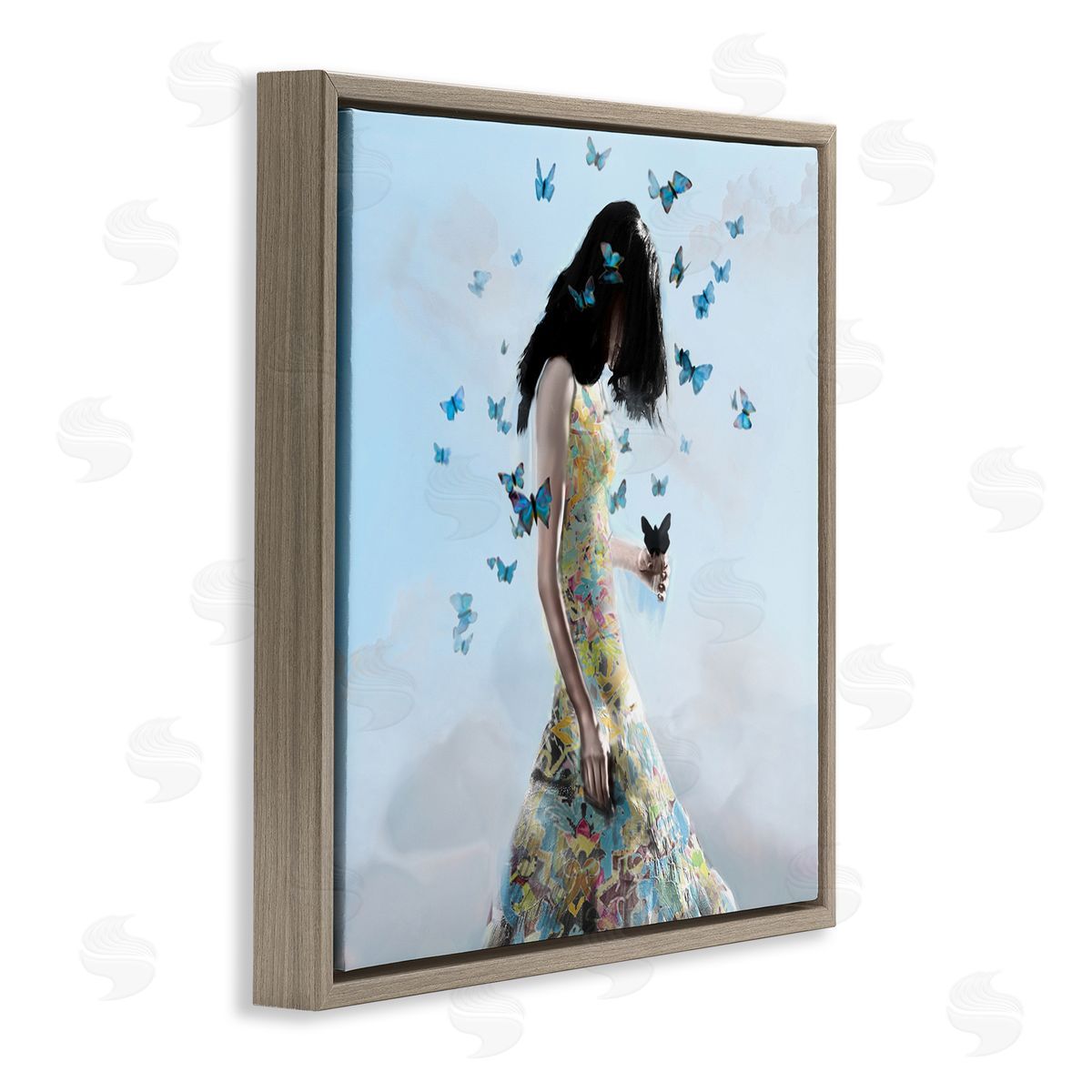 Christopher Cuseo Peaceful Blue Butterflies Fluttering Woman Gown Dress  Brown Floating Frame Canvas Wall Art Print