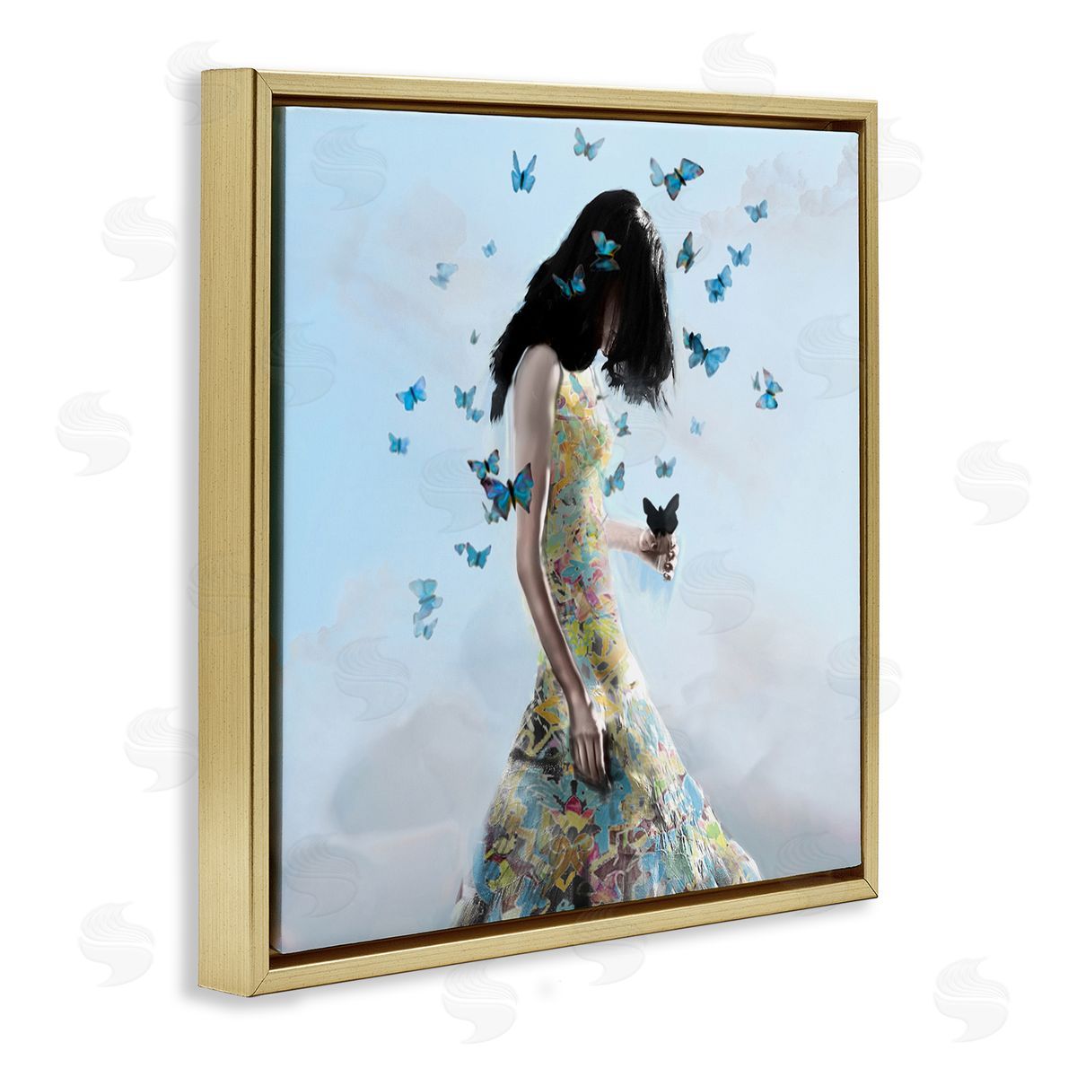 Christopher Cuseo Peaceful Blue Butterflies Fluttering Woman Gown Dress  Gold Floating Frame Canvas Wall Art Print