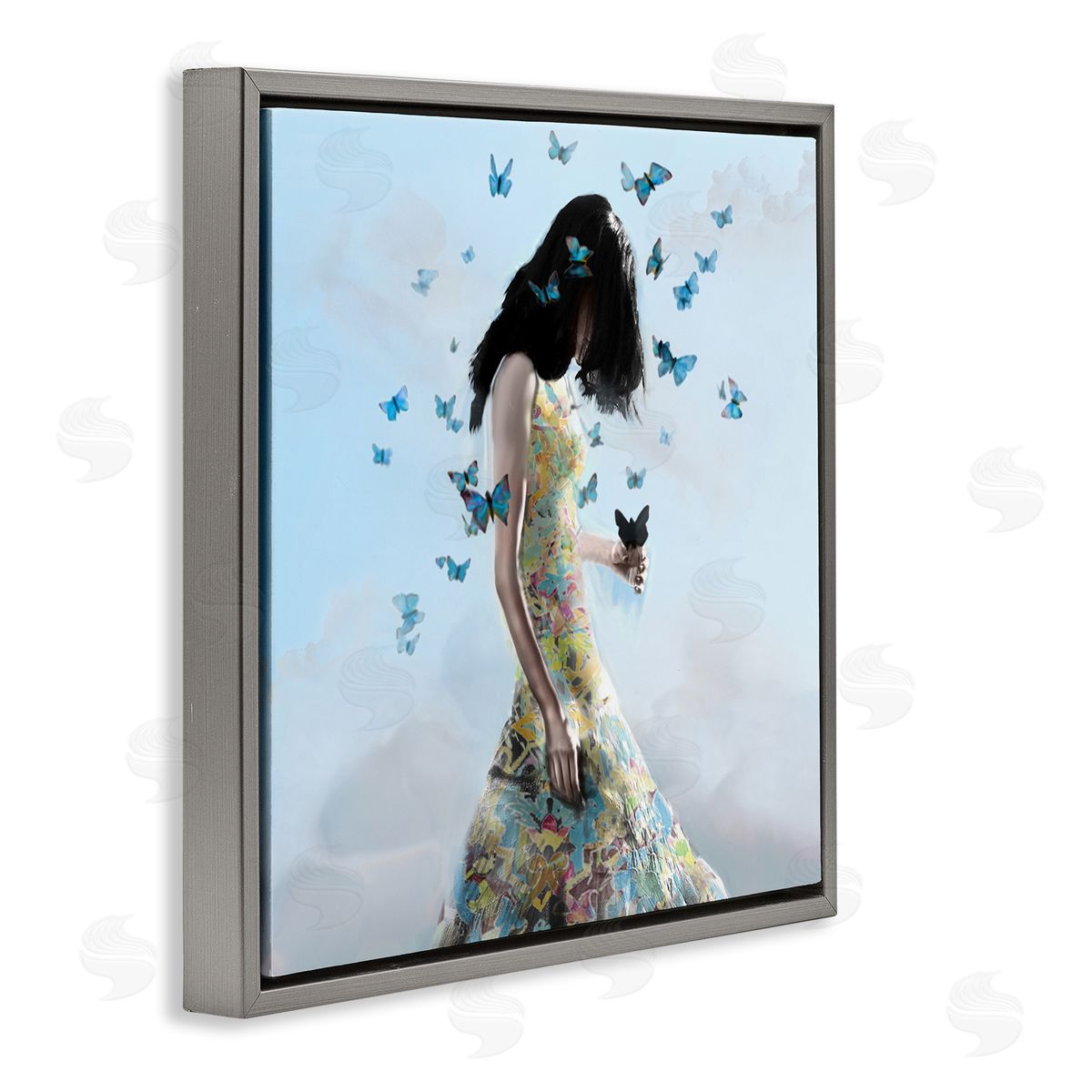 Christopher Cuseo Peaceful Blue Butterflies Fluttering Woman Gown Dress  Gray Floating Frame Canvas Wall Art Print