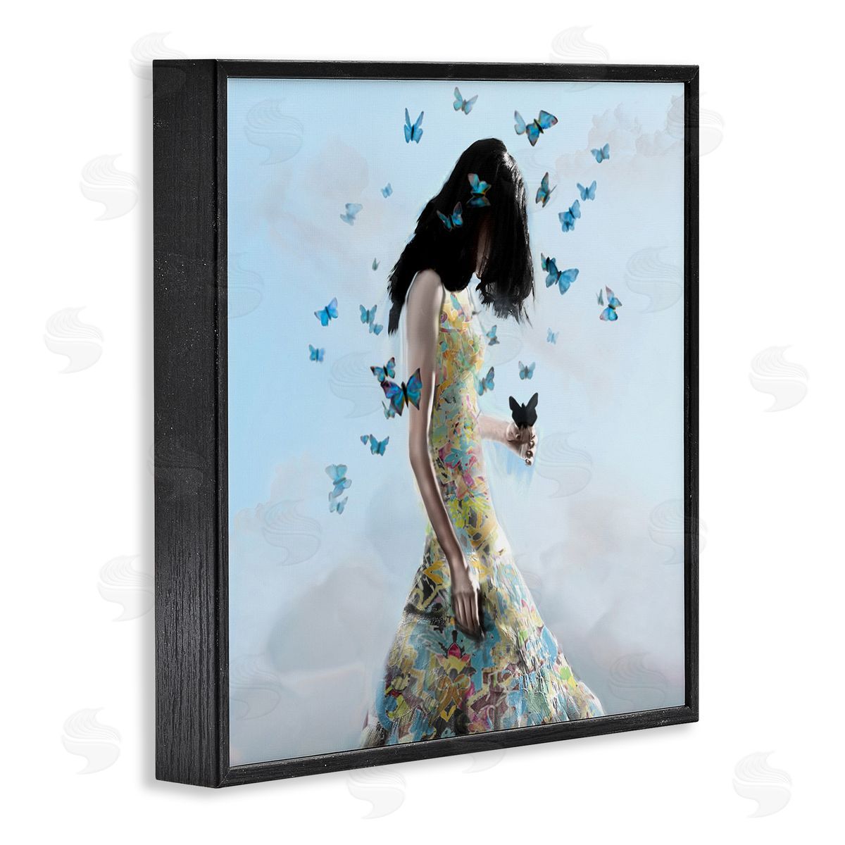 Christopher Cuseo Peaceful Blue Butterflies Fluttering Woman Gown Dress  Black Framed Glicee Wall Art Print