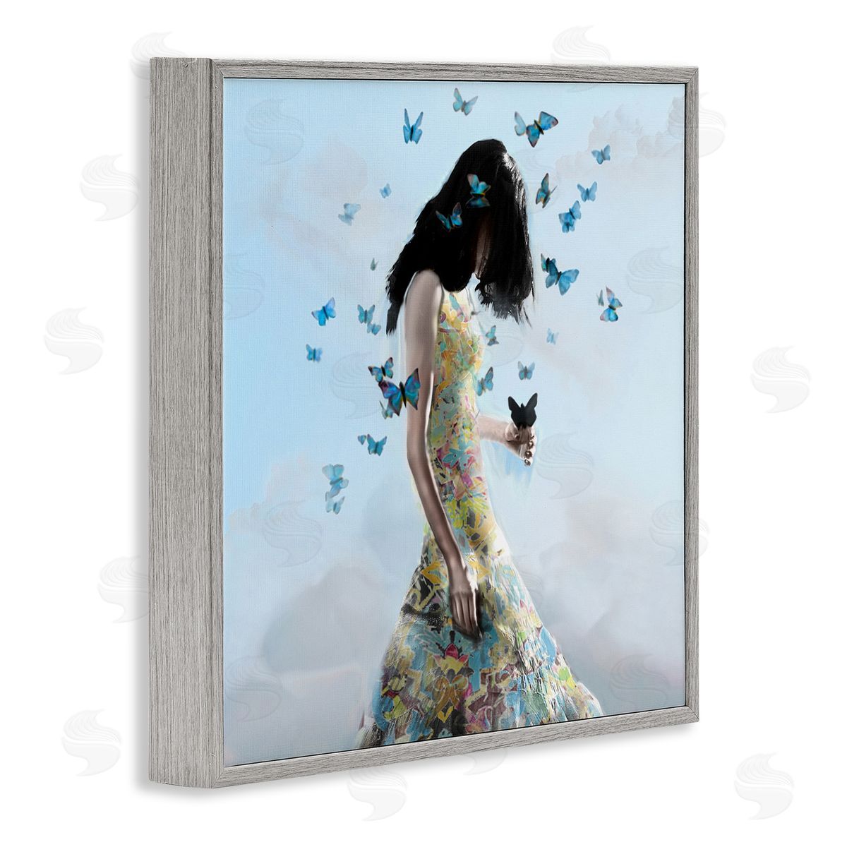 Christopher Cuseo Peaceful Blue Butterflies Fluttering Woman Gown Dress  Gray Framed Glicee Wall Art Print