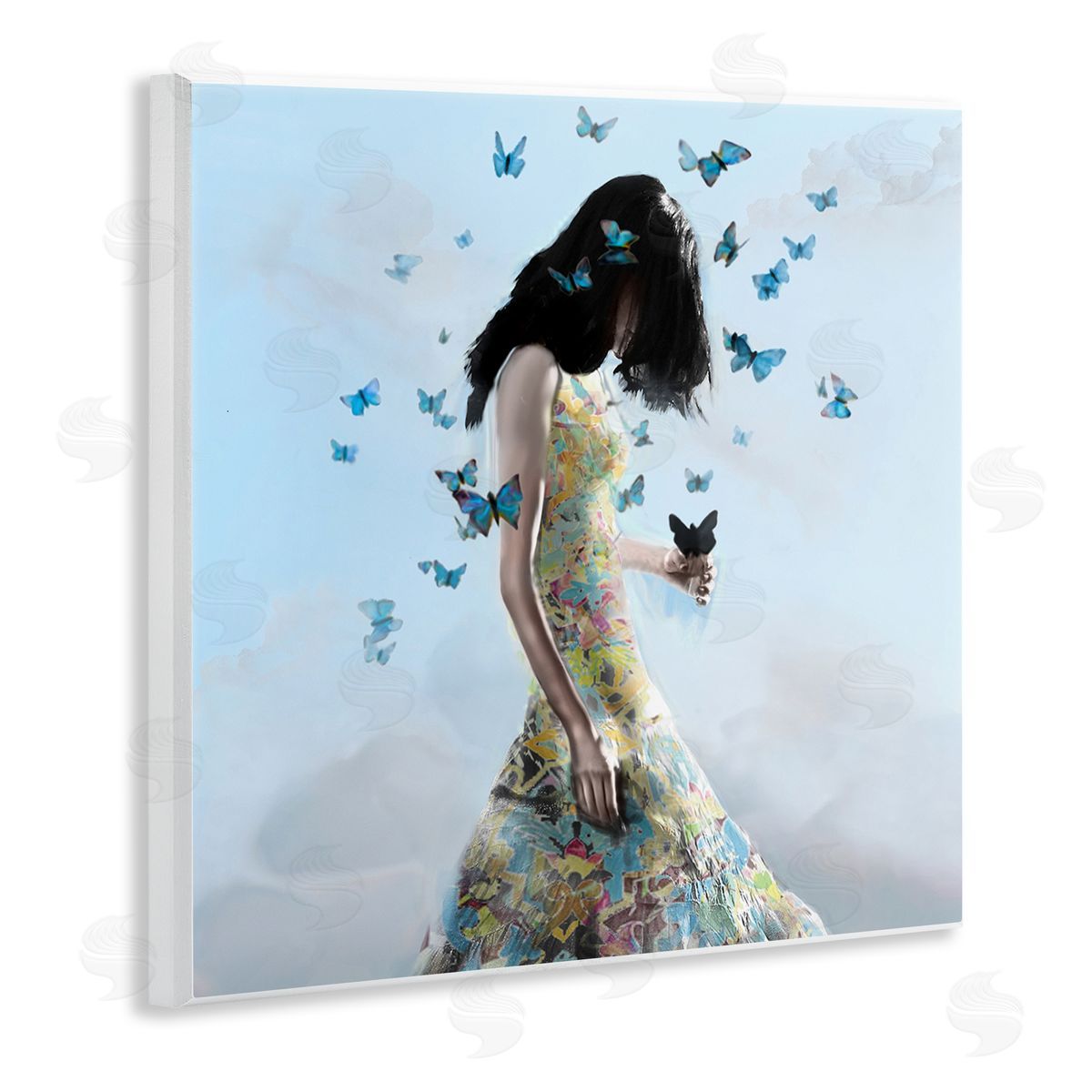Christopher Cuseo Peaceful Blue Butterflies Fluttering Woman Gown Dress  Wooden Wall Plaque Art Print