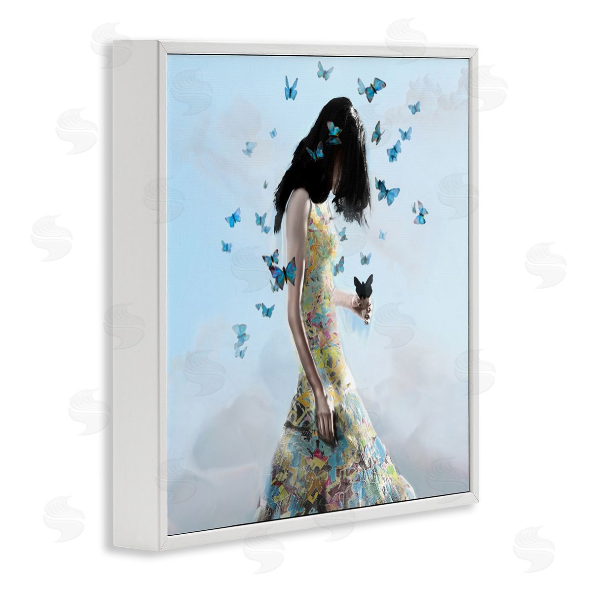 Christopher Cuseo Peaceful Blue Butterflies Fluttering Woman Gown Dress  White Framed Glicee Wall Art Print