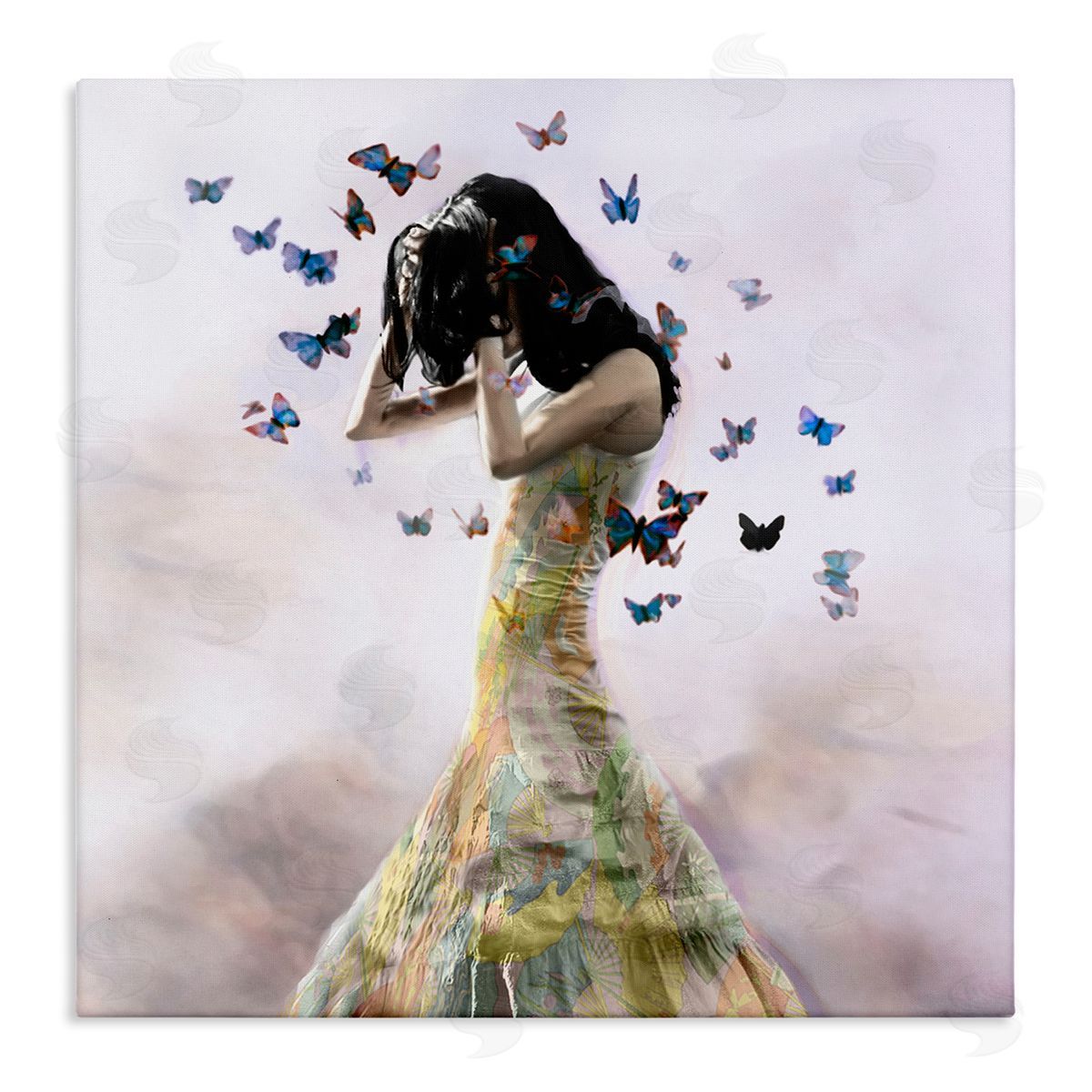 Christopher Cuseo Ethereal Woman Yellow Gown Flying Blue Butterflies  Stretched Canvas Wall Art Print
