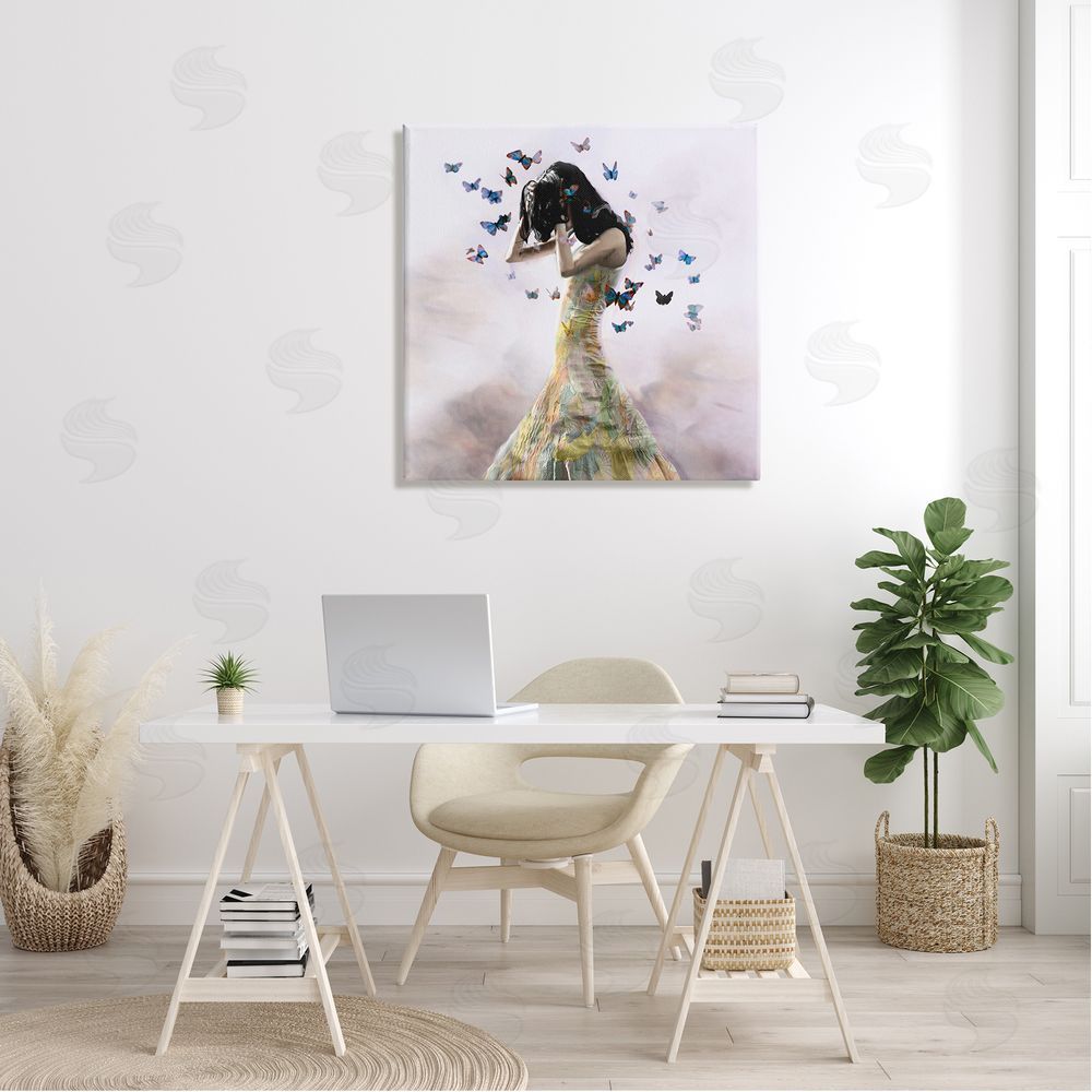 Christopher Cuseo Ethereal Woman Yellow Gown Flying Blue Butterflies  Canvas Wall Art in Room
