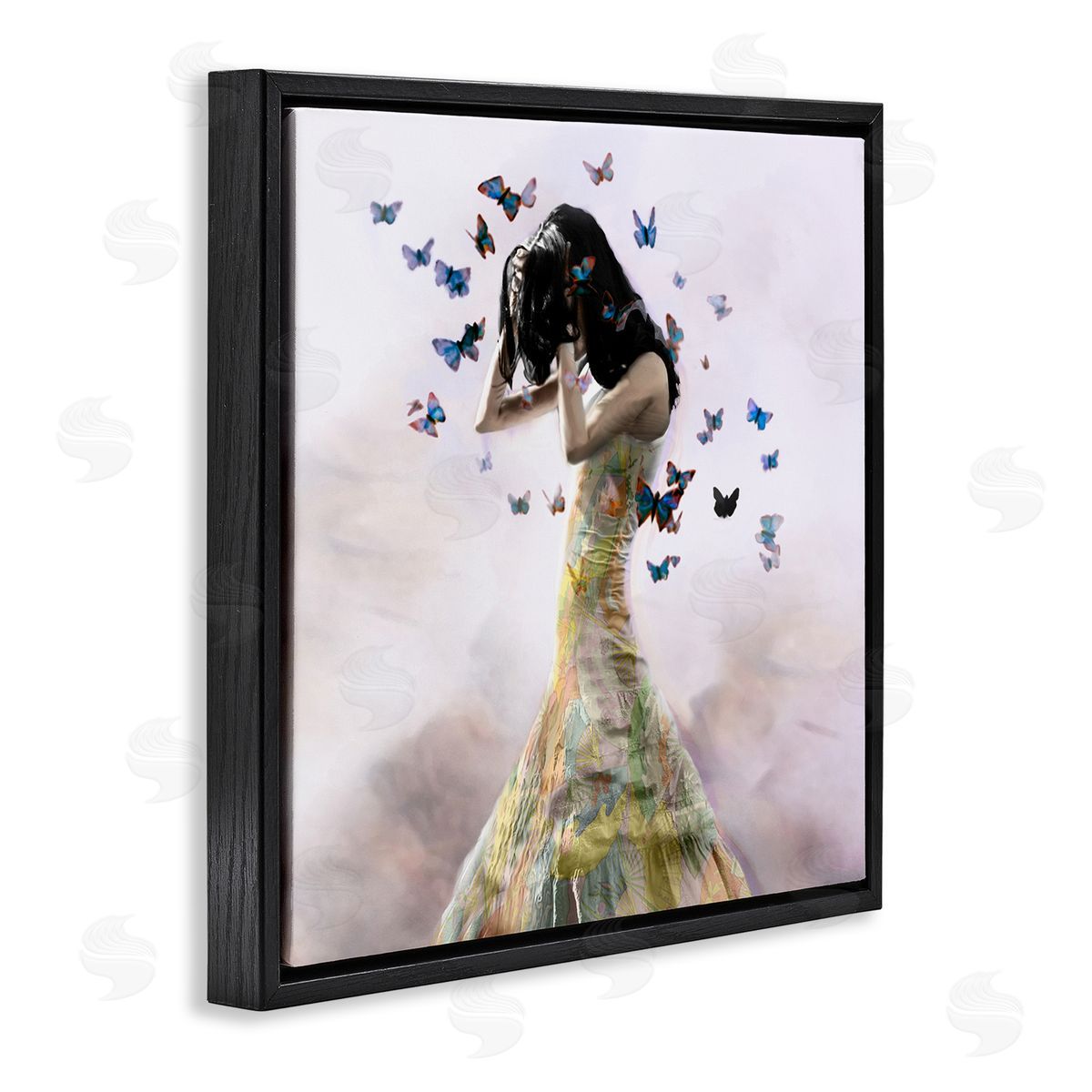 Christopher Cuseo Ethereal Woman Yellow Gown Flying Blue Butterflies  Black Floating Frame Canvas Wall Art Print