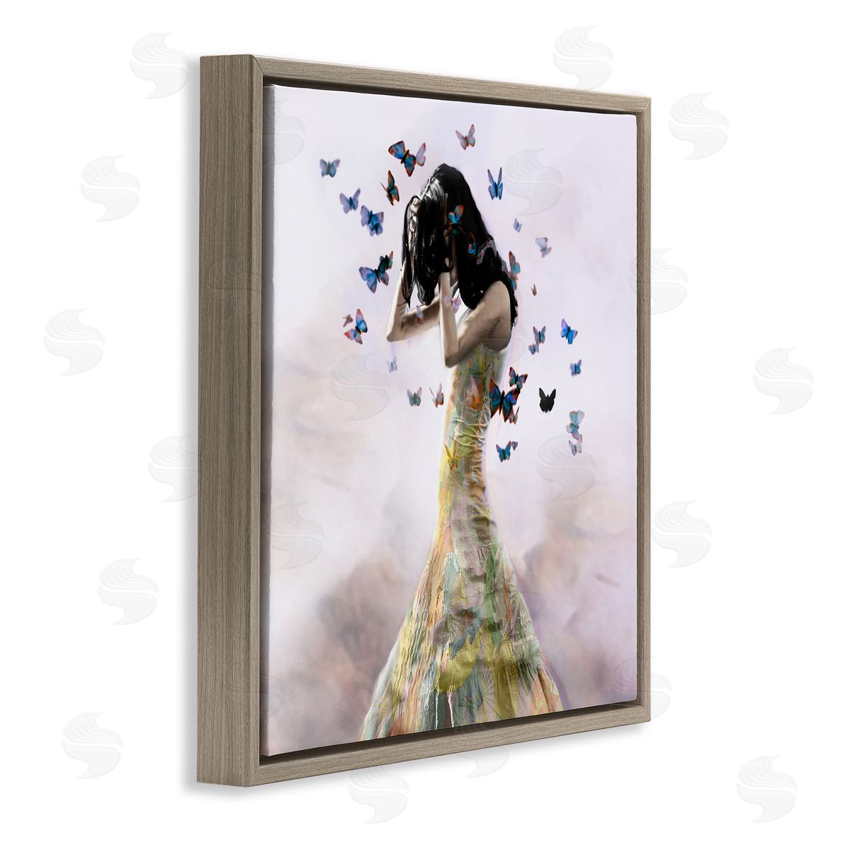 Christopher Cuseo Ethereal Woman Yellow Gown Flying Blue Butterflies  Brown Floating Frame Canvas Wall Art Print