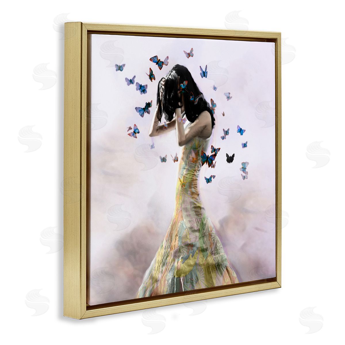 Christopher Cuseo Ethereal Woman Yellow Gown Flying Blue Butterflies  Gold Floating Frame Canvas Wall Art Print