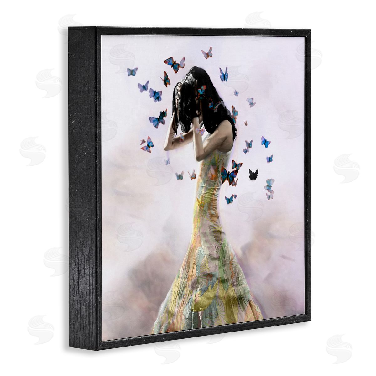 Christopher Cuseo Ethereal Woman Yellow Gown Flying Blue Butterflies  Black Framed Glicee Wall Art Print