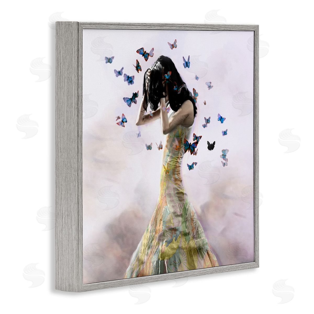 Christopher Cuseo Ethereal Woman Yellow Gown Flying Blue Butterflies  Gray Framed Glicee Wall Art Print