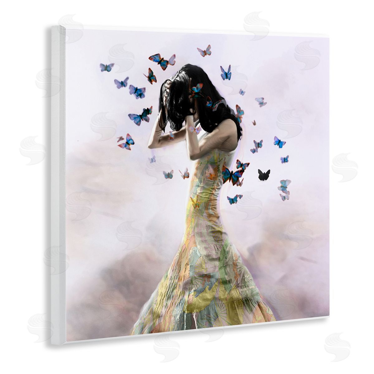 Christopher Cuseo Ethereal Woman Yellow Gown Flying Blue Butterflies  Wooden Wall Plaque Art Print